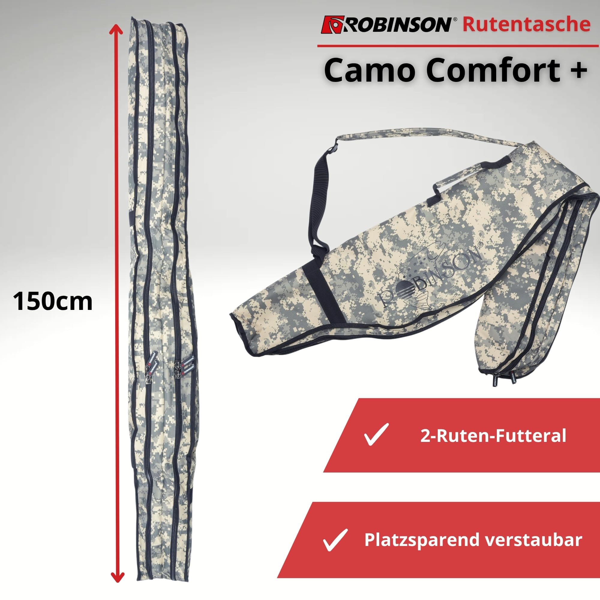 Robinson Rutentasche 1,5m - Angelrutentasche mit Rollenschutz - 2 Fächer verstärkt für Street Fishing und Spinnfischen, professioneller Rutenfutteral - Camo Comfort