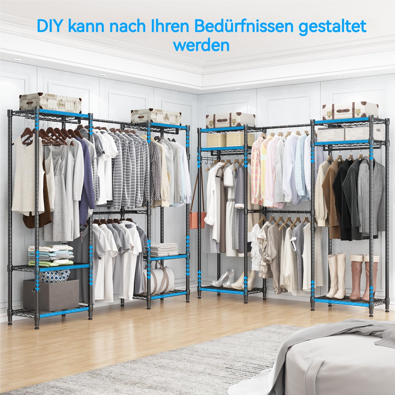 Himimi Teleskopstange Kleiderständer mit 4 Kleiderstangen und 6 Höhenverstellbaren Regalen 1 Haken Teleskop Regalsystem B (182-240) x H180 cm Anpassbar an Unterschiedlichste Räumlichkeiten Schwarz