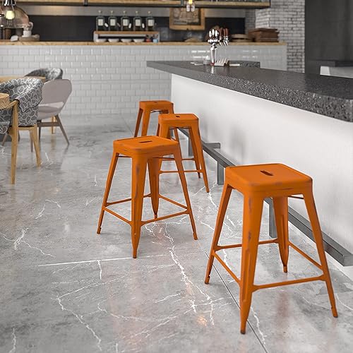 Flash Furniture Commercial Grade 24" High Backless Distressed Orange Metal Indoor-Outdoor Counter Height Stool