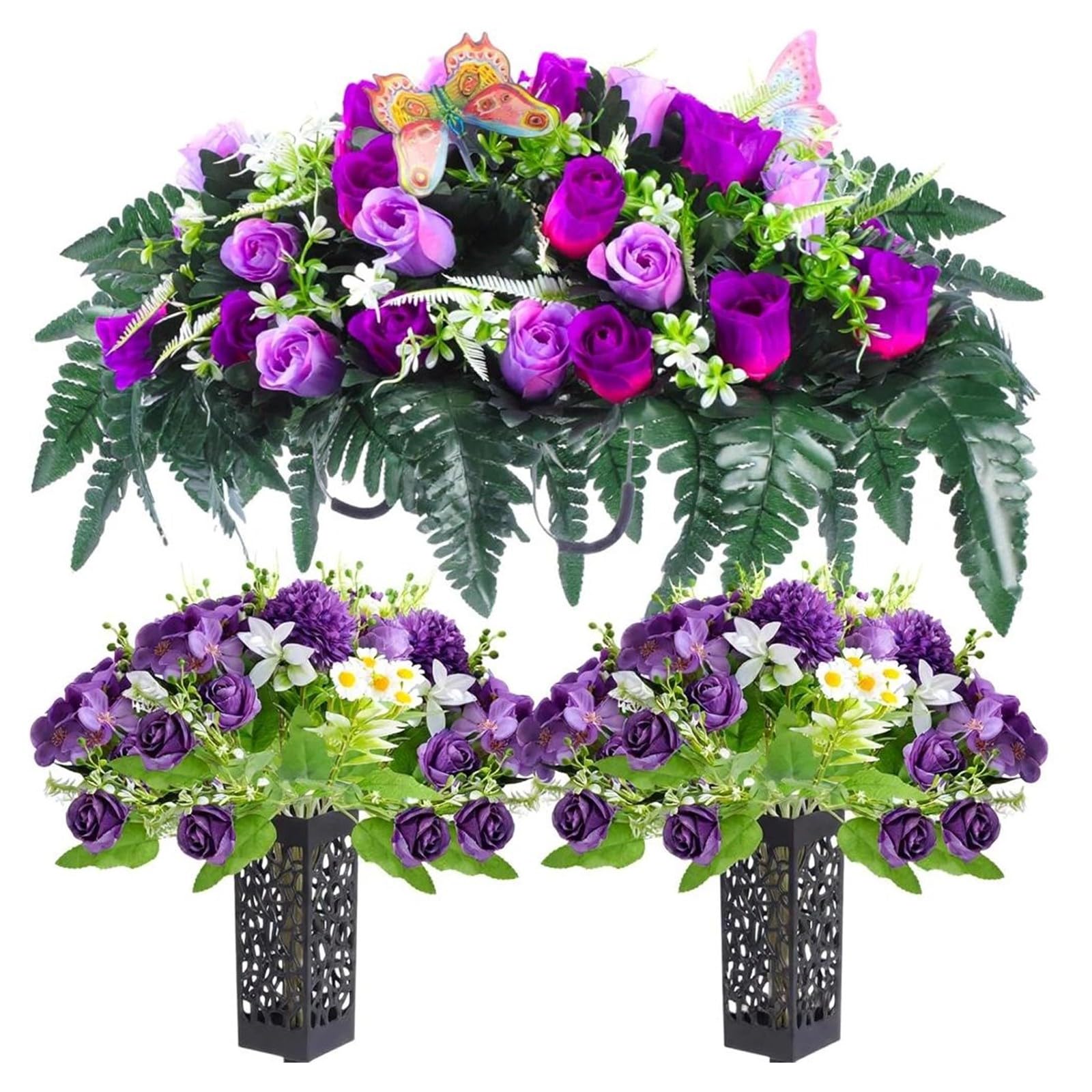 yanzunlrn Ground Stake Memorial Flowers Set Artificial Cemetery Arrangement for Remembrance and Garden Decoration Display Headstones Decoration