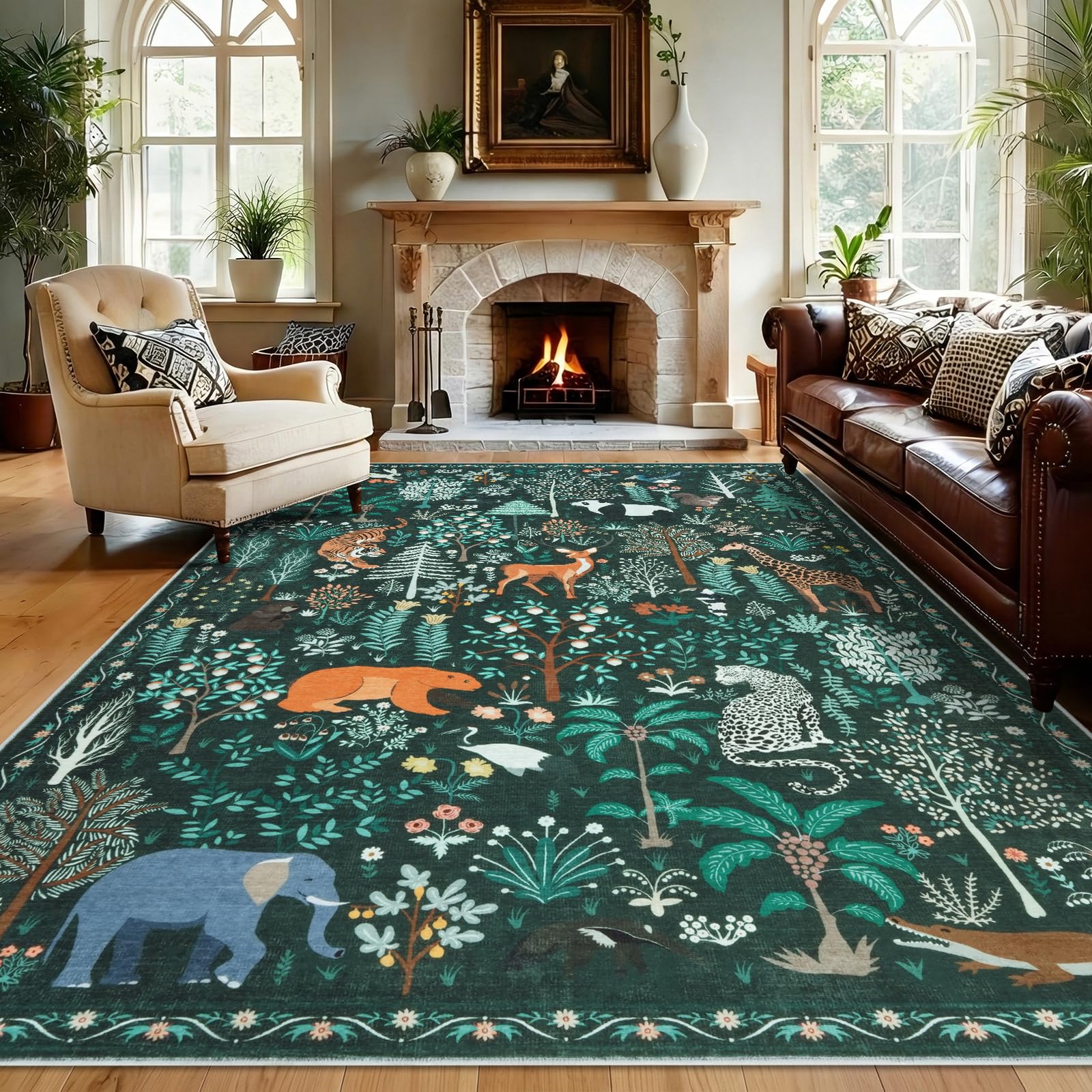 Homcomodar Rugs Living Room Large 160x230cm Vintage Washable Rug Non-Slip Boho Dark Green Rug for Bedroom Soft Low Pile Floral Carpet for Kids Nursery Dining Room Farmhouse Home Office