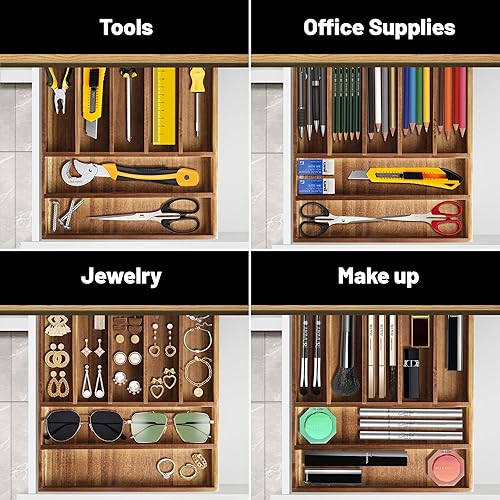 Miniatura 7 de Organizador de cubiertos de madera de acacia, organizador de cajones de utensilios de cocina para tenedores y cucharas, bandeja de cubiertos de 7