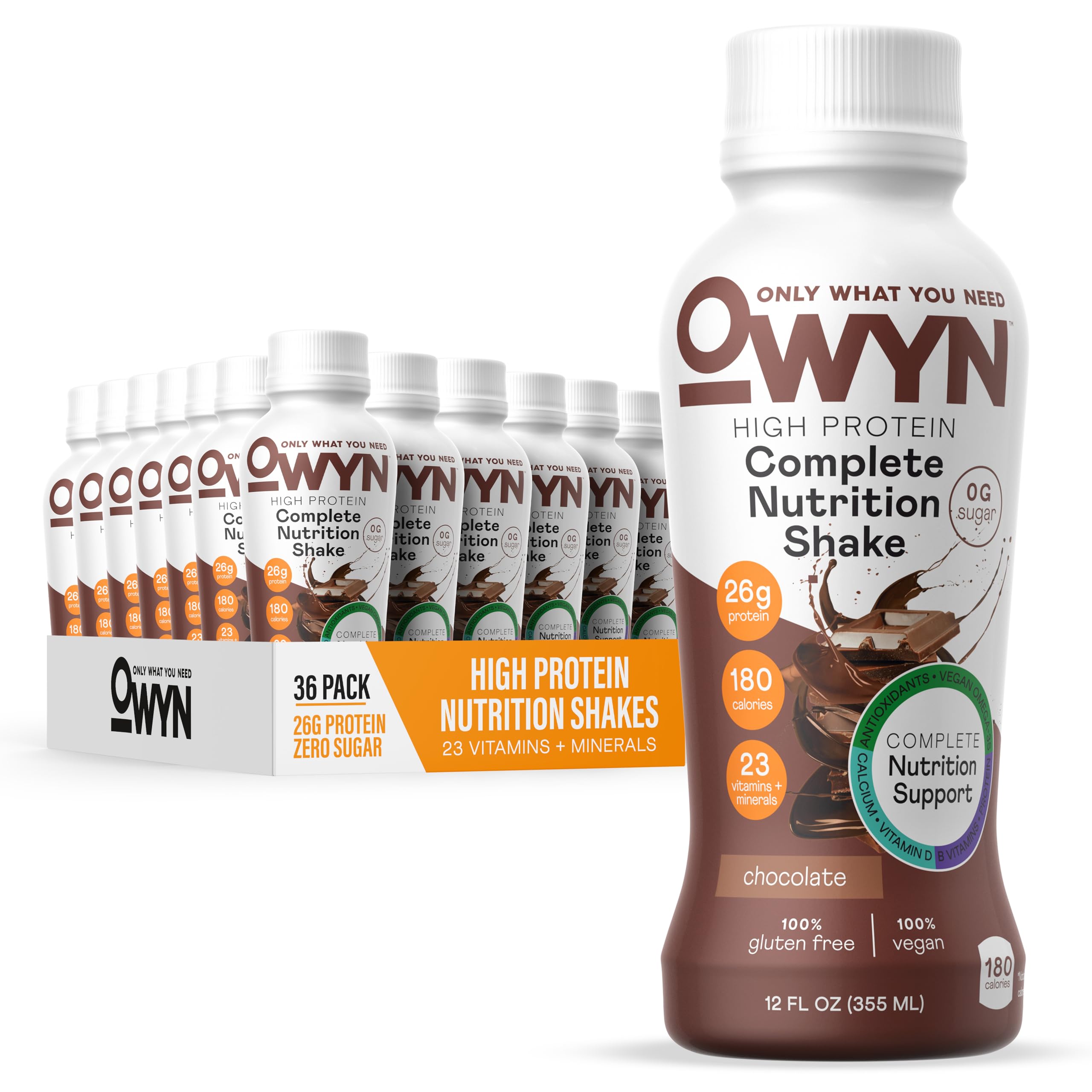 OWYN Only What You Need High Protein Plant Based Complete Nutrition Shake, Chocolate, 12 Fl Oz (36 Pack)