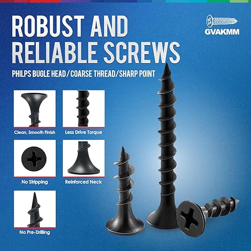 Miniatura 3 de GVAKMM 200 tornillos para paneles de yeso #6, surtido de tornillos de madera de 8 tamaños, juego de tornillos negros de calidad, tornillos de madera