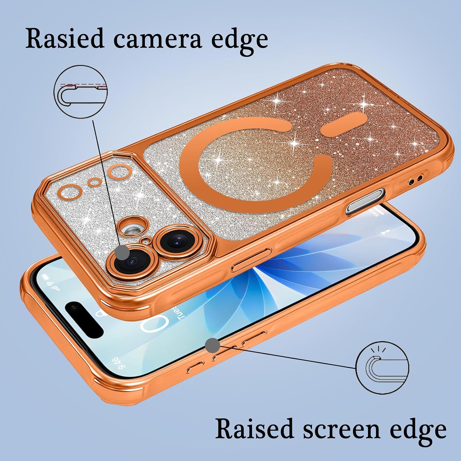 LSL Case for iPhone 17 [Compatible with MagSafe] Soft TPU Anti-Drop Anti-Scratch Shockproof Protective Slim Plating Bling Glitter Magnetic Cover for Women Girls Men - Orange