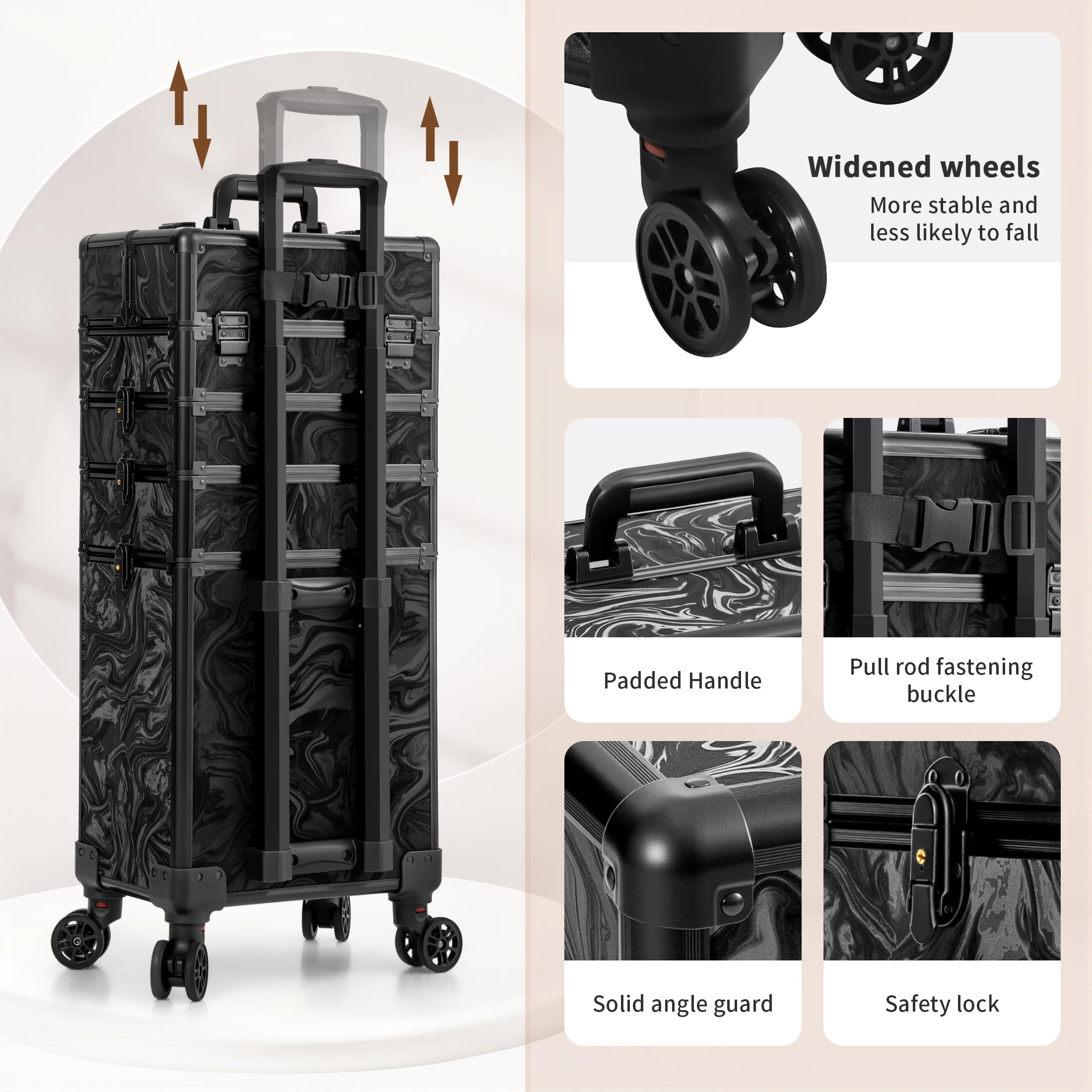 Arous Rolling Makeup Train Case 5 w 1 organizer na wózek kosmetyczny podróżny zamykany salon fryzjer wózek bagażnik z kółkami dla kobiet stylistki fryzur artysty Trave Nail, Czarny atrament, 5 w 1