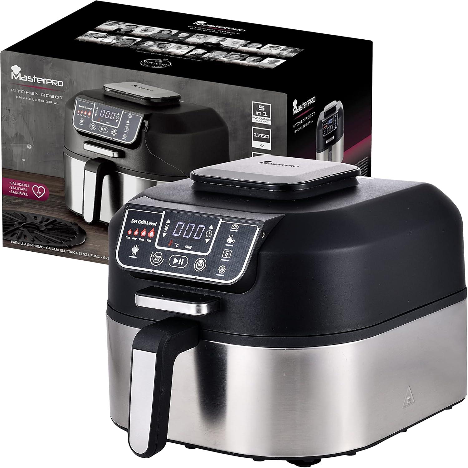 MasterPro Grill Senza Fumo | Robot da Cucina con Tecnologia Cyclonic Air Max 260º di 1760W di Potenza | 5 Funzioni in 1 | Friggitrice ad Aria | Friggitrice ad Aria, Forno e Disidratatore di Alimenti MasterPro Grill Senza Fumo | Robot da Cucina con Tecnologia Cyclonic Air Max 260º di 1760W di Potenza | 5 Funzioni in 1 | Friggitrice ad Aria | Friggitrice ad Aria, Forno e Disidratatore di Alimenti