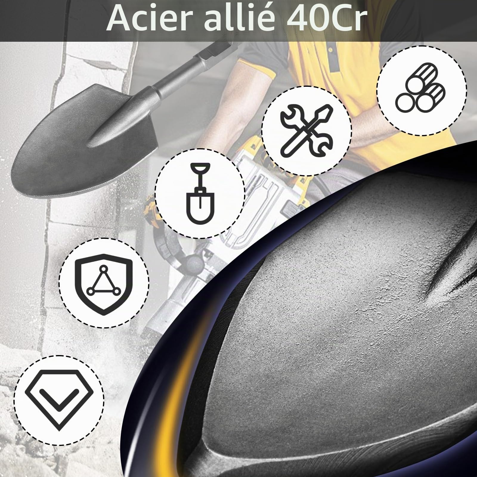 Burin SDS HEX, Pelle de 44 x 14 cm en Acier 40CR pour Pic Électrique 65A, Burin SDS HEX avec Douille Hexagonale pour Creuser le Béton, Enlever les Carreaux et les Sols Compactés