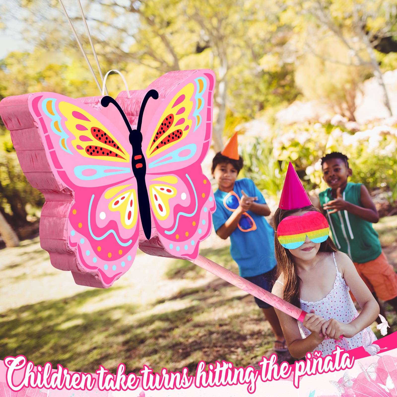 Pasimy 61 Pcs Butterfly Party Pinata Set, Butterfly Pinata with Stick Blindfold Butterfly Birthday Tattoos Stickers Hairpin Ring Slap Bracelet Keychain for Butterfly Themed Party Supplies Decor
