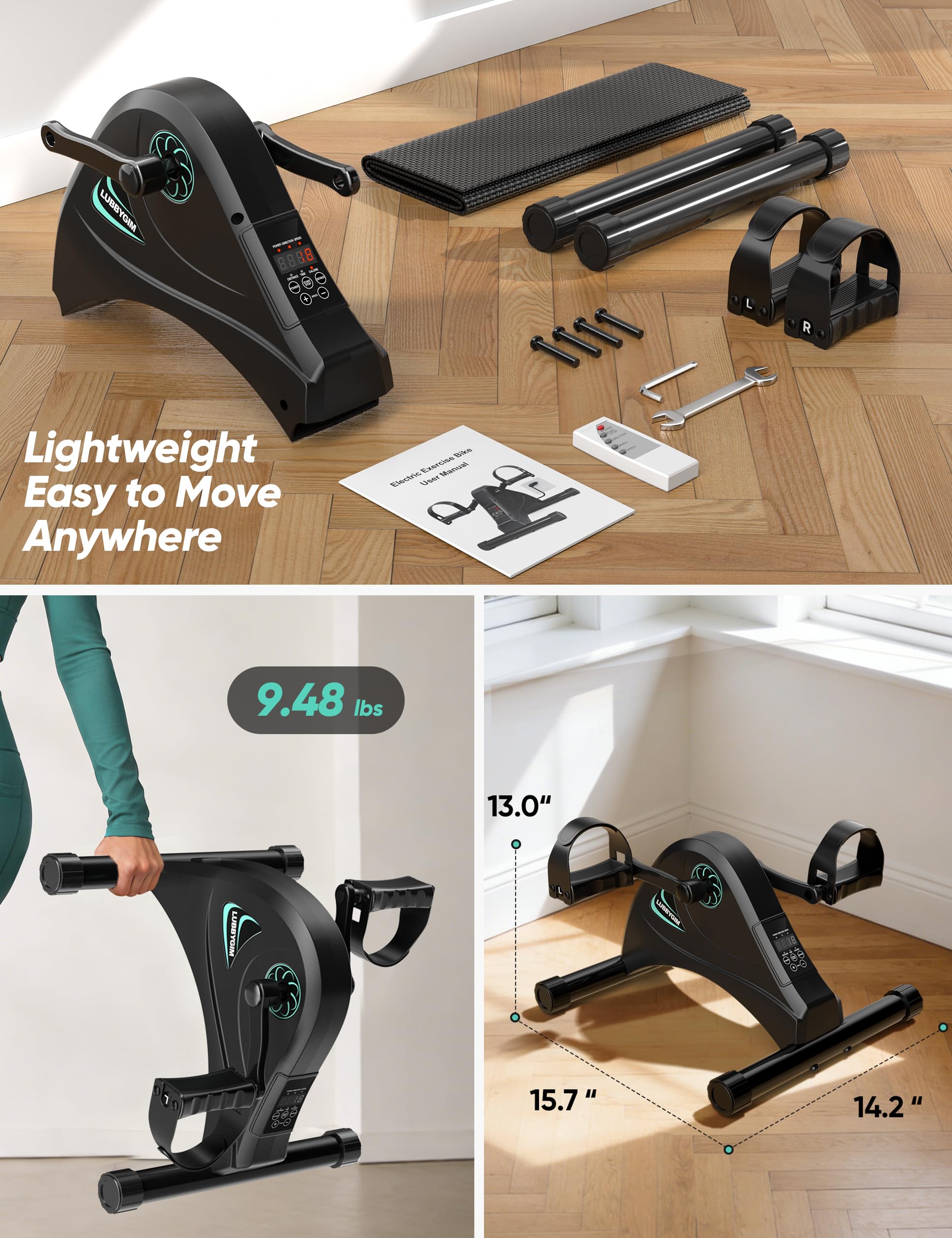 LUBBYGIM - Mini bicicleta estática motorizada para entrenamiento de rehabilitación para personas mayores, ejercicio eléctrico para debajo del escritorio, ejercicio de pedal para brazos/piernas y