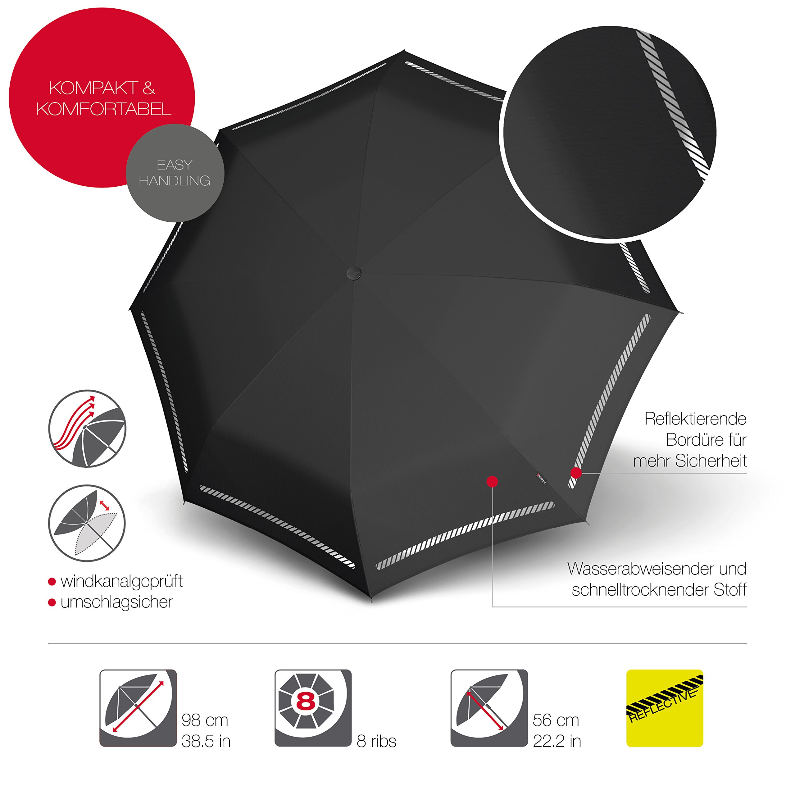 Knirps T.200 Medium Duomatic Reflective Black Parapluie Canne, 94 cm, Noir (Black) | Petit parapluie resistant vent fort ouverture et fermeture automatique 140km/h, toile grand parapluie 98cm, De sac
