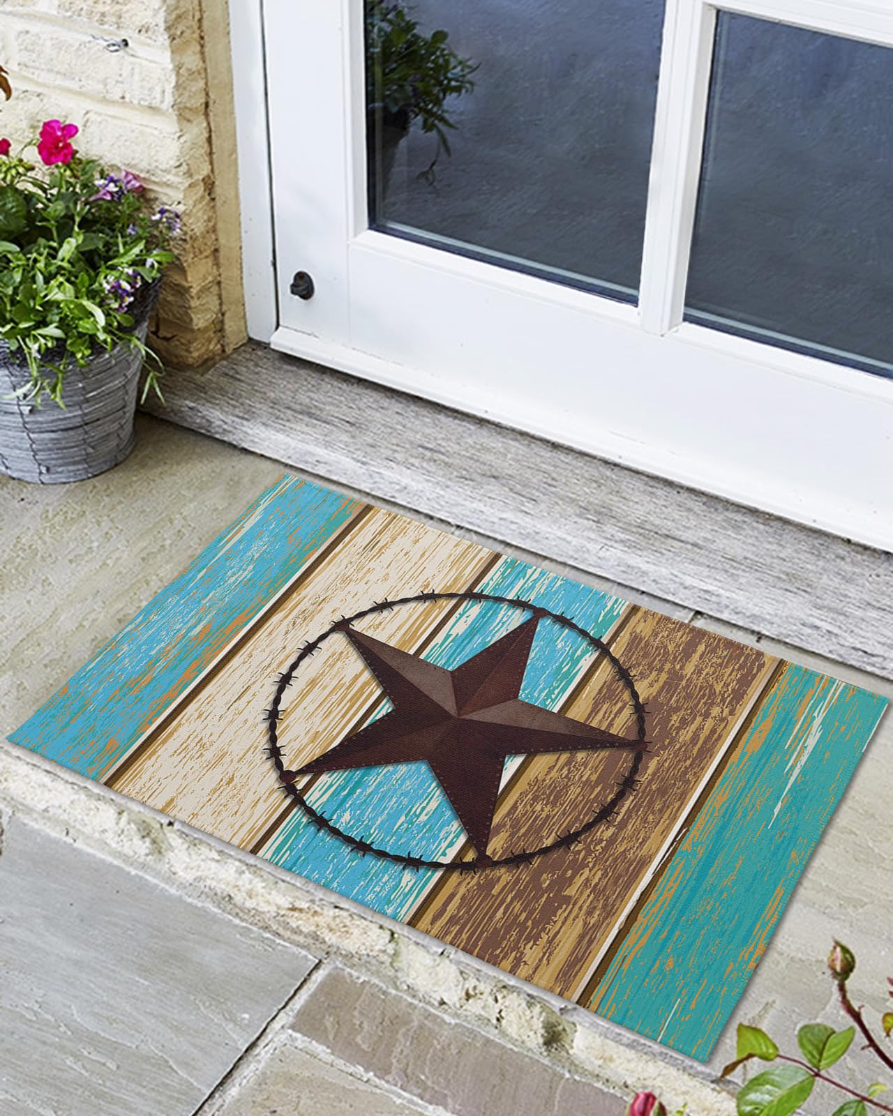 Front Door Mat, Non-Slip Welcome Doormat Door Entry Mats, Doormats Indoor/Outdoor Entrance Small Rugs, Western Texas Star On Rustic Wooden Board