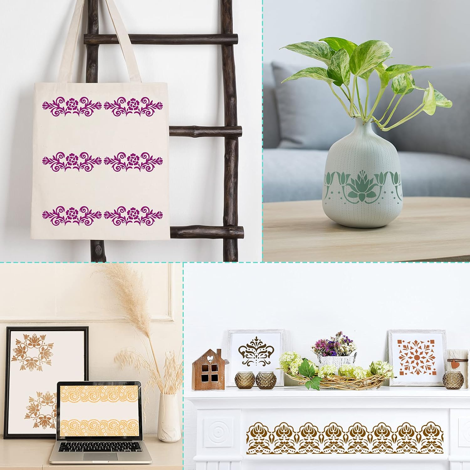 8 Pieces Ornate Border Stencil Flower Stencil Template Cake Decorating Templates Reusable DIY Art and Craft Stencil Floral Edge Baking Tool for Painting on Wood, Canvas, Paper, Fabric