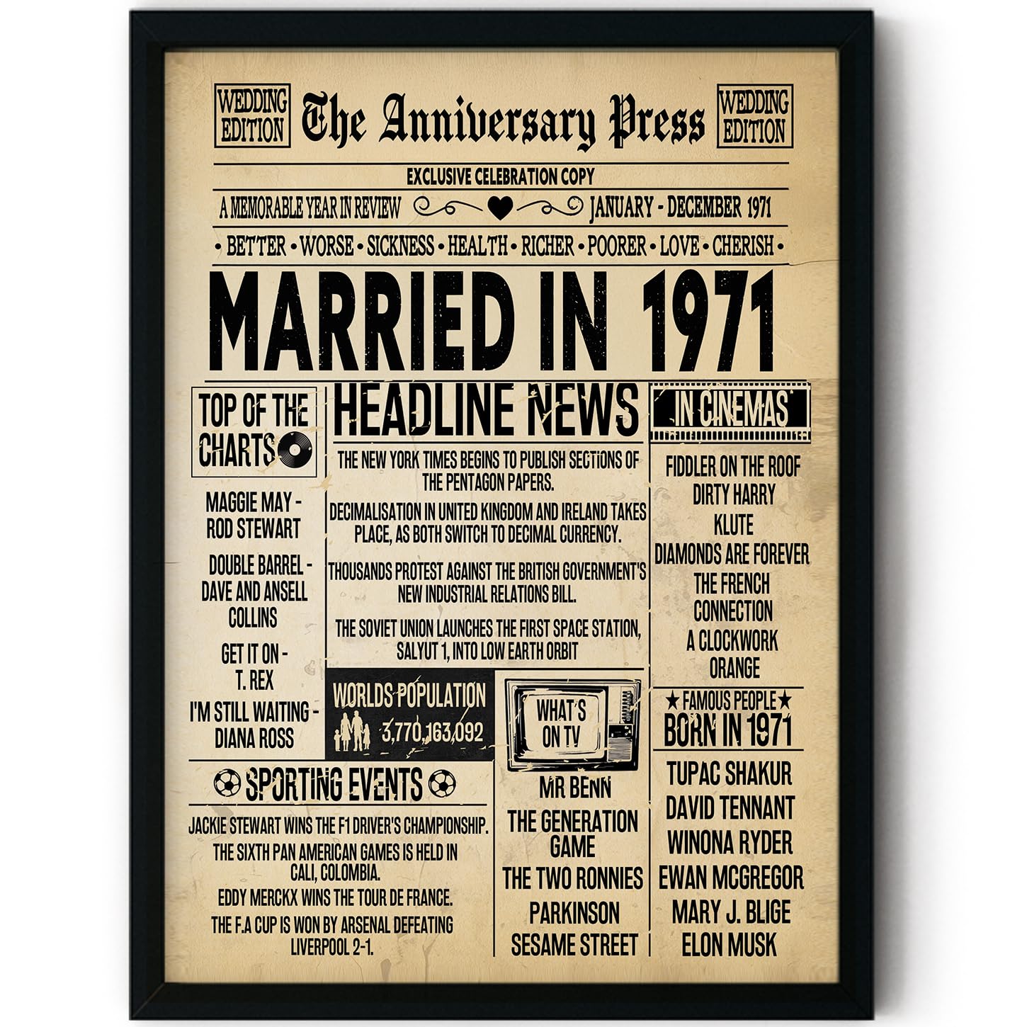 Stuff4 Men's 1971 55Th Anniversary Poster Framed - Married In Newspaper - 55 Wedding Anniversary For Wo Retro Vintage Gifts Back In 8X10 Inch Anniversaries Posters