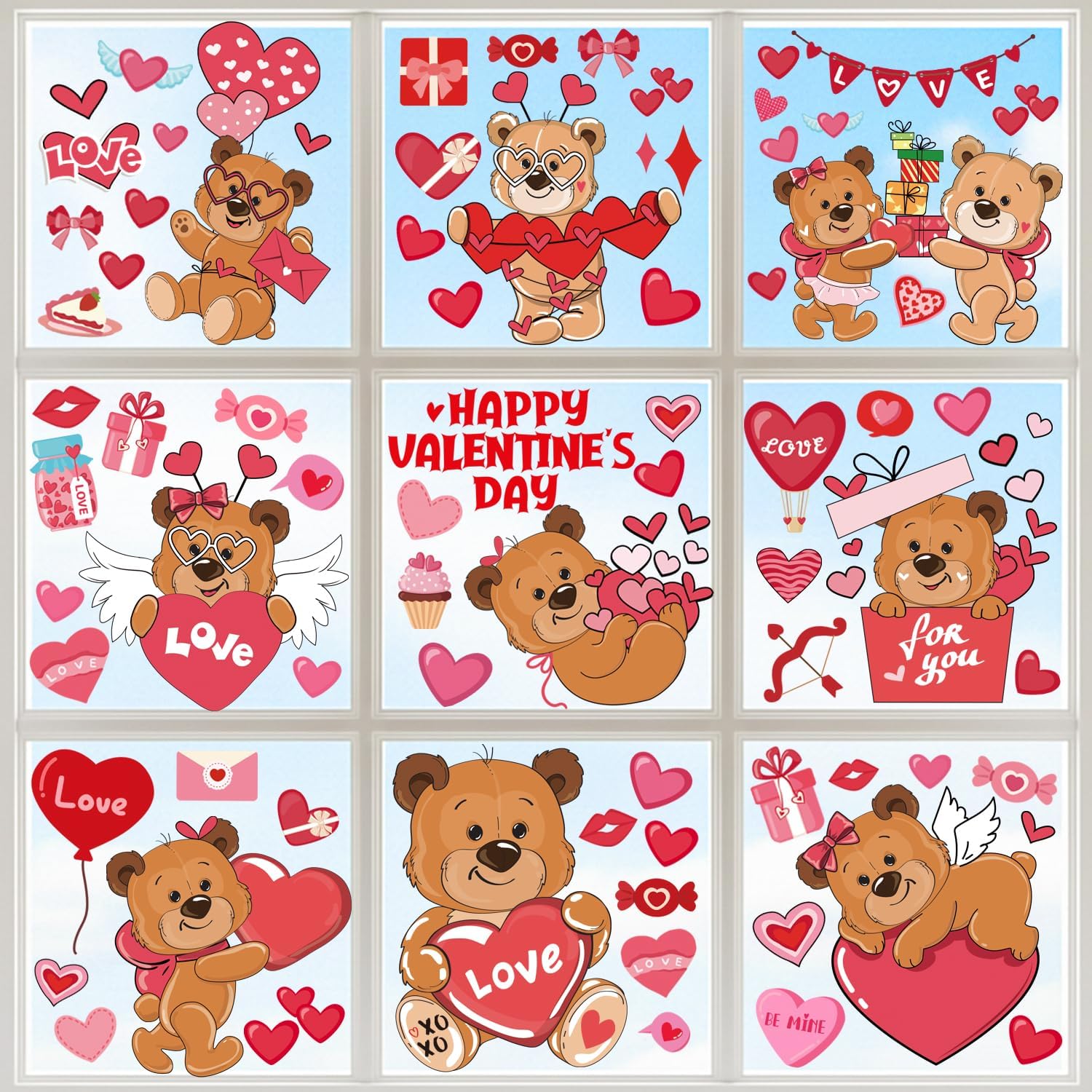 9 Sheets Valentine’s Day Window Clings, Double-Sided Cute Teddy Bear Heart Stickers for Glass Windows, Reusable Red Pink Love Decals for Birthday Wedding Classroom Home Party Décor
