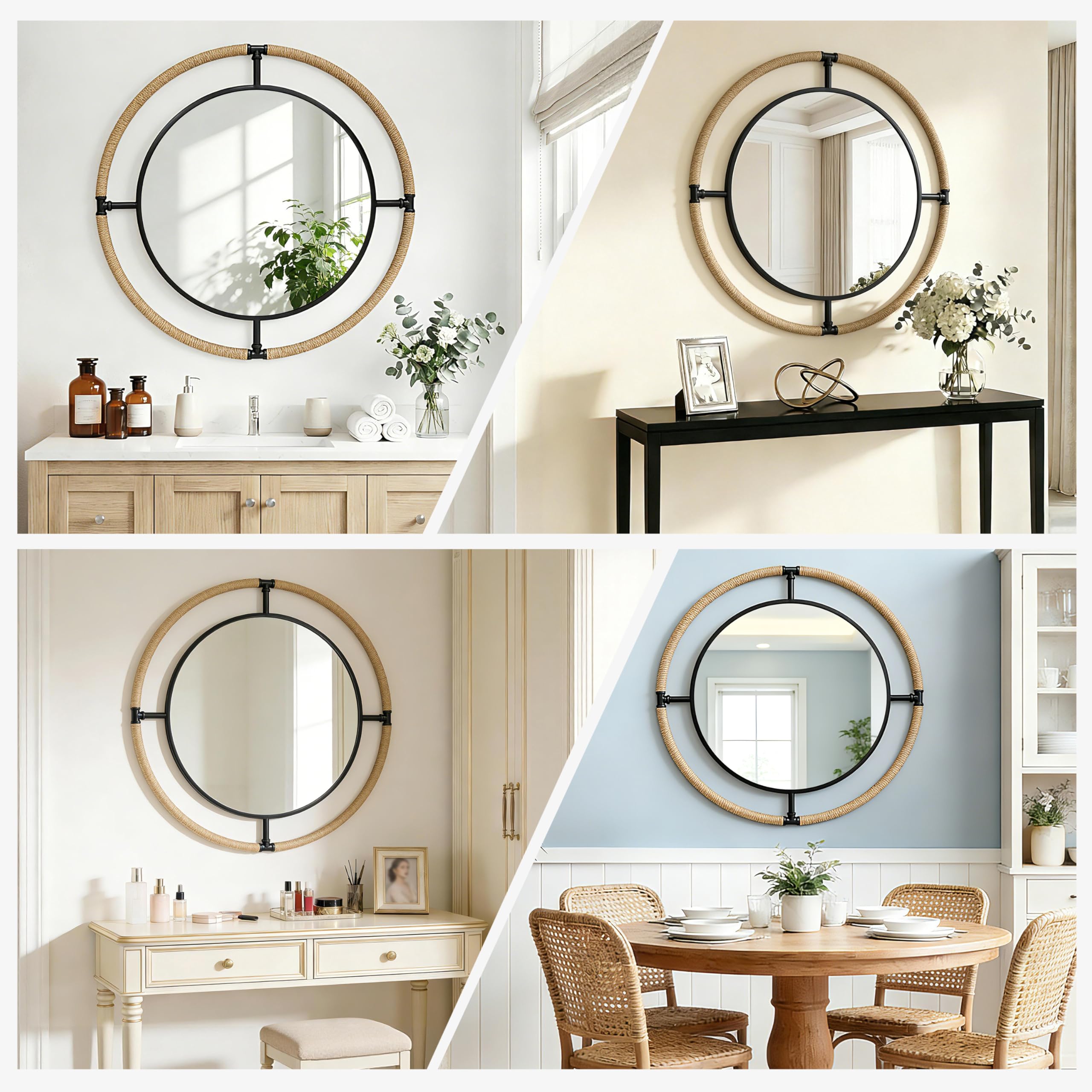 Espejo Recibidor Redondo 80x80cm, Espejos Decorativos de Pared con Cuerda de Yute Natural para Dormitorio y Salón, Espejo Baño con Marco de Hierro Antihumedad, Elegante con Diseño
