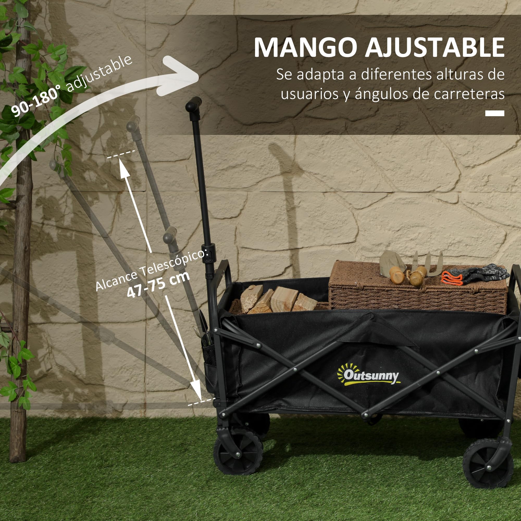 Outsunny Chariot Festival 93L sur Roues 120kg Lourd Jardin Noir | Chariot pliant, wagon pliable, poignée réglable, sac de transport, plage camping festival