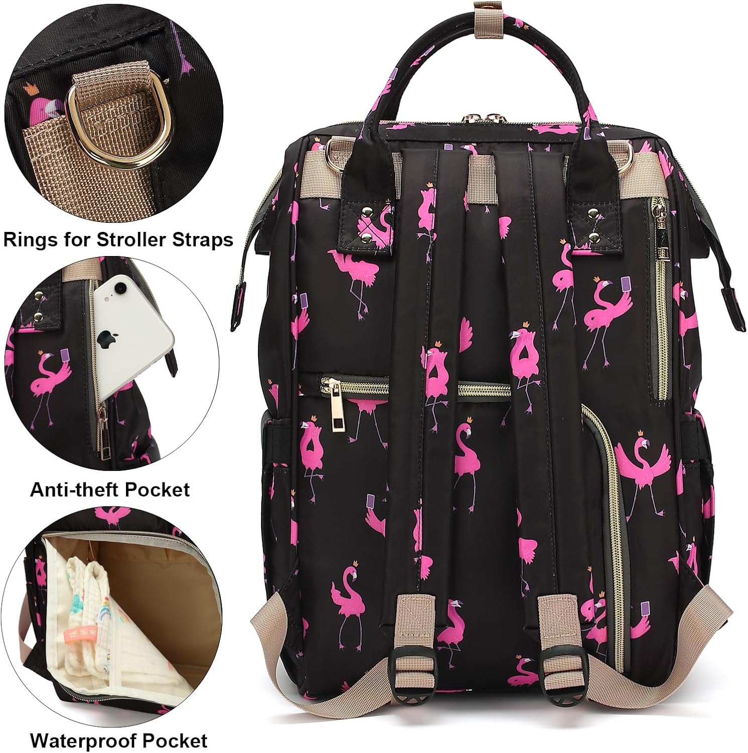 Flamingo Baby Diaper Bag Backpack for Women, Large Capacity Waterproof Maternity Travel Nappy Backpacks with Stroller Straps