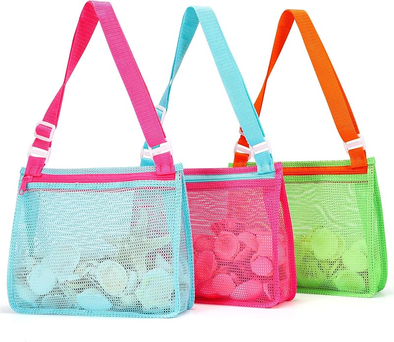 Beach Toys Mesh Beach Bag Sand Toy Seashell Collecting Bag Pool Bag Swimming Beach Accessories Gift for Boys and Girls (Only Bags,A Set of 3)