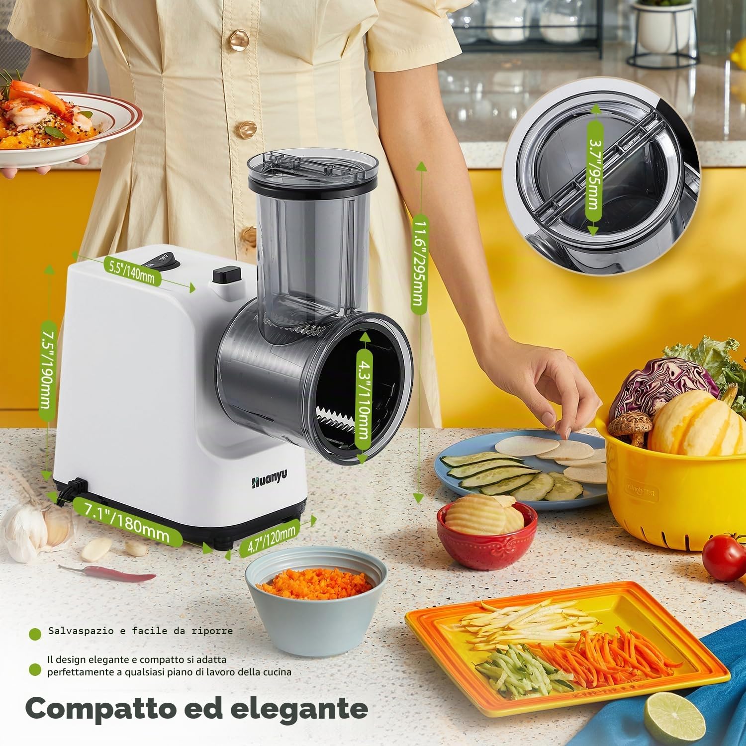 Huanyu Grattugia elettrica per formaggio Affettaverdure elettrico multifunzionale con 5 lame 250W Insalatiera elettrica e tritacarne Grattugia elettrica per frutta, verdura e formaggio (bianco)