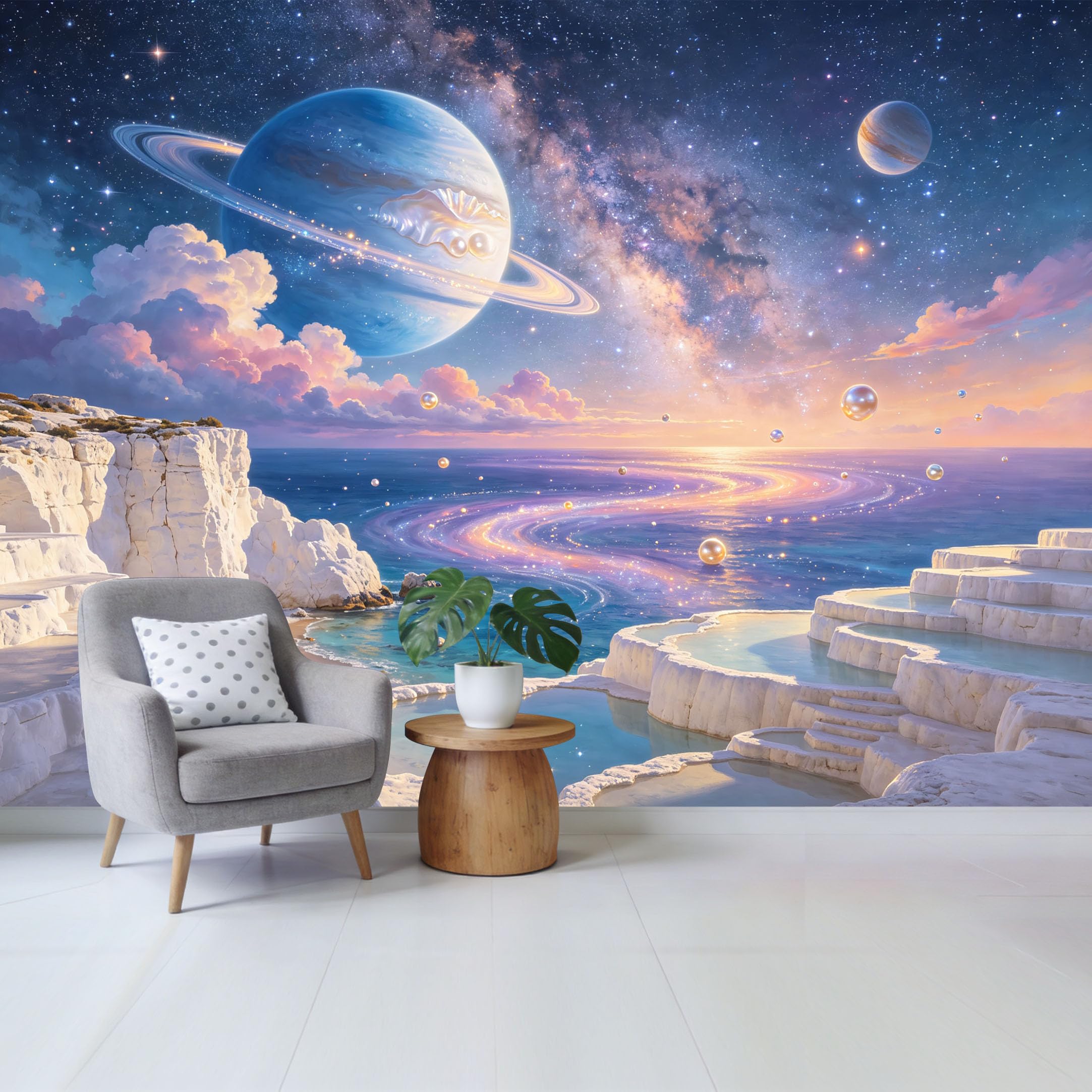 Custom Size Wall Mural Cosmic Ocean Landscape Saturn Planet Sky White Cliff Watercolor Removable Self Adhesive Fabric Home Wall Decor for Living Room Bedroom Bathroom