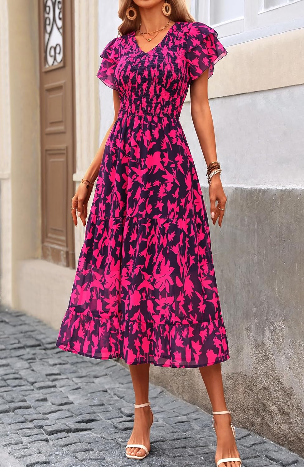 BTFBM Women Casual Summer Short Ruffles Tiered Sleeve Smocked Midi Dresses Bohemian Floral V Neck Wedding Guest Long Dresses - Image 2