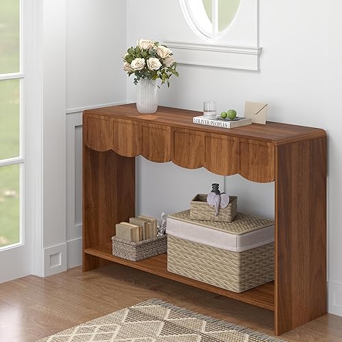 Miniatura 7 de Mesa consola con cajones, mesas de entrada estrechas de mediados de siglo de 43 pulgadas con estantes de almacenamiento abiertos, mesas decorativas