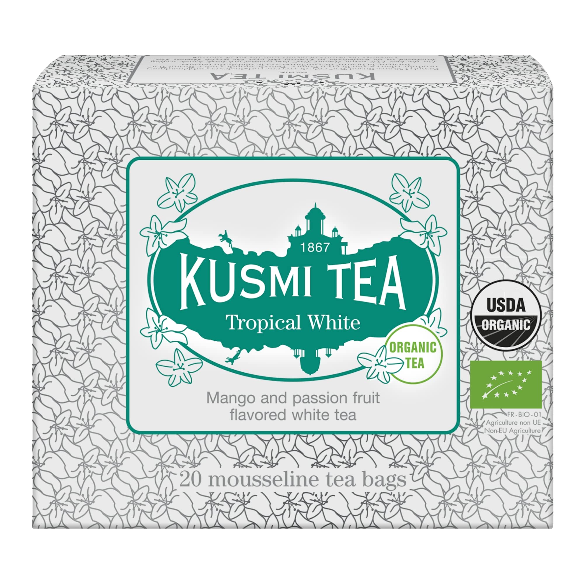 Kusmi Tea - Tropical White - Organic Blend of White Tea and Green Tea with Mango and Passion Fruit - Organic Flavored White Teas - Smooth, Flavourful Tea - 20 Tea BagsEU Organic