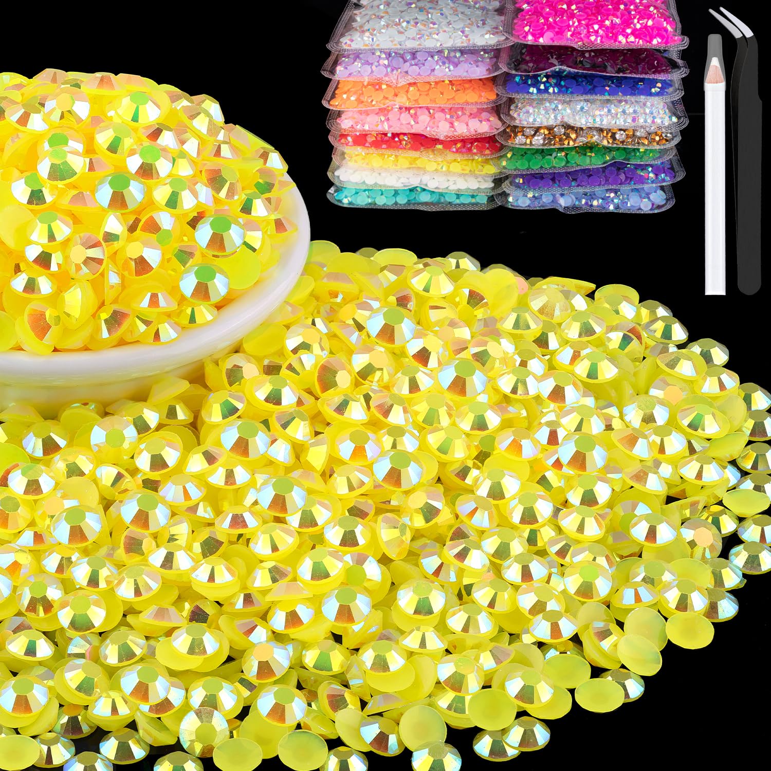 Photo 1 of 15000pcs 2mm Resin Rhinestones Bulk, Lemon Yellow AB Flatback Round Jelly Rhinestones Bedazzling Non Hotfix Crystal Gems Large Quantity Wholesale for DIY Crafts Clothes Tumblers Face Makeup Manicure