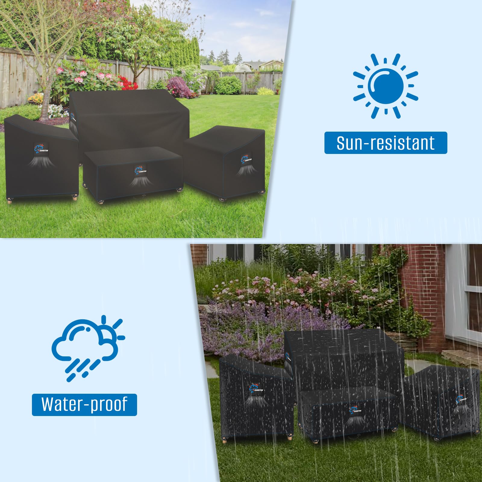 SIRUTON Housse De Meubles De Patio 4 Pièces Véranda Extérieure Ensemble De Housses De Meubles De Jardin De Patio Étanche Meubles Housse, Meubles Bâche Salon de Jardin Imperméable Anti-UV, Noir