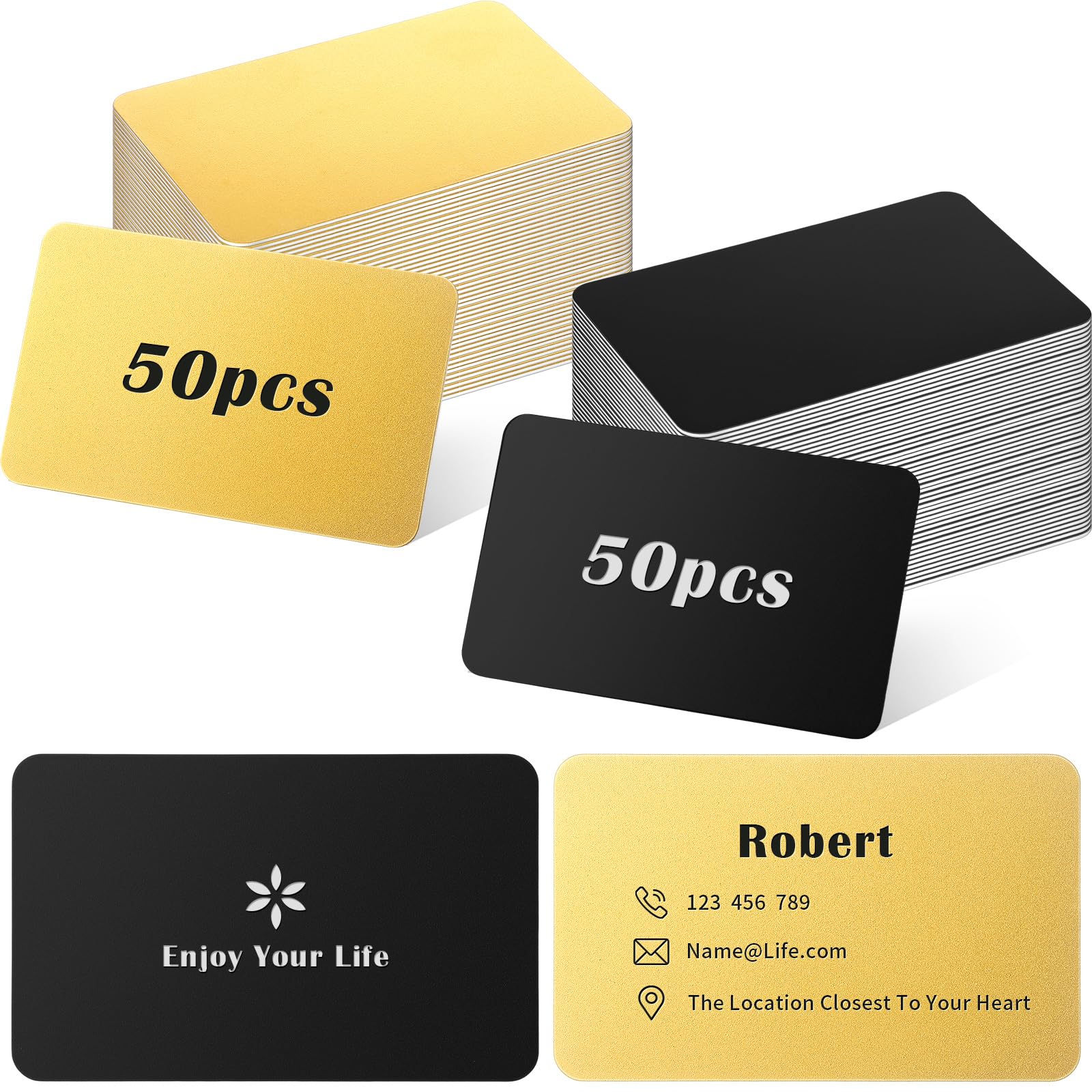 Otoolling 100 Pcs Metal Business Card Blanks 0.8 mm Thick Anodized Aluminum Laser Engraving Blanks Bulk 86 x 54 x 0.8 mm Metal Sheet for DIY Custom Gift Cards Supplies (Gold and Black)
