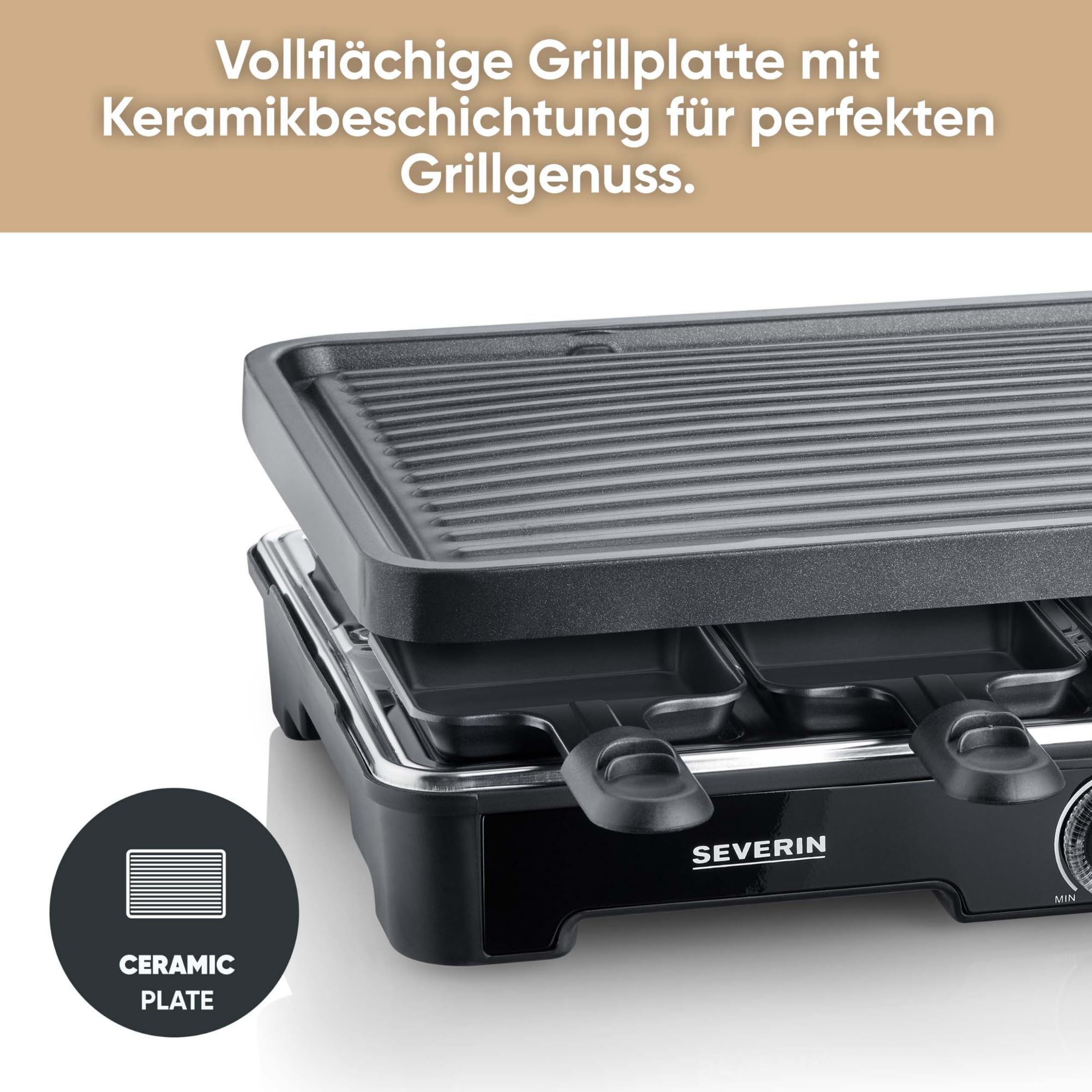 Severin Raclette-Grill 1400W Tischgriff mit Keramik- & Antihaftbeschichtung 8 Pfännchen RG 9670 schwarz