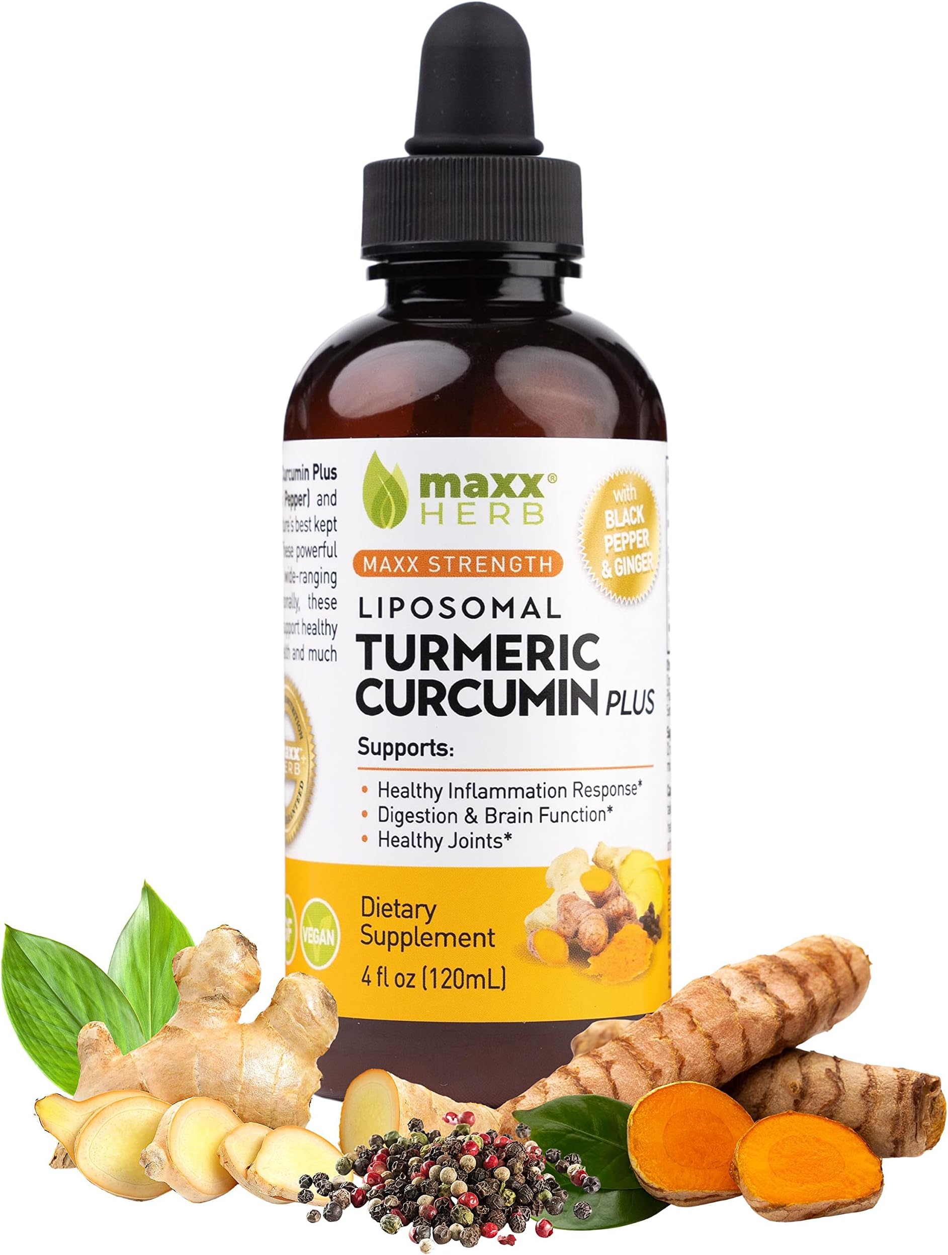 Maxx Herb Liquid Turmeric Curcumin - Liposomal Turmeric Supplement with Black Pepper BioPerine & Ginger - Max Strength Extract for Healthy Joints & Inflammation Response – 4 Oz Bottle (60 Servings)