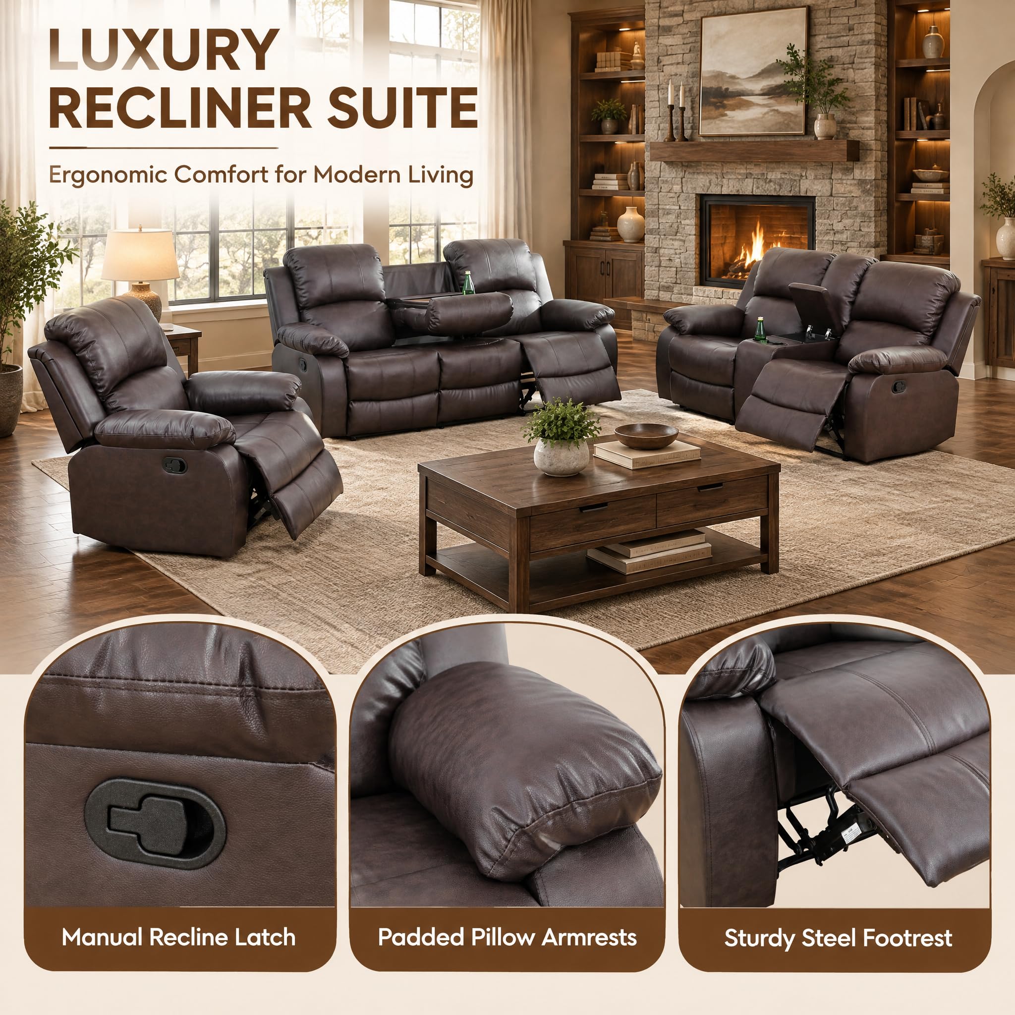 Toseslo Manual Reclining Couch Sofa Set with Drop-Down Table, 3 Pieces Brown Leather Recliner Couch Sets, Living Room Furniture Sets, Recliner Sofa with Storage Console/Cup Holder for Home/Apartment view 5