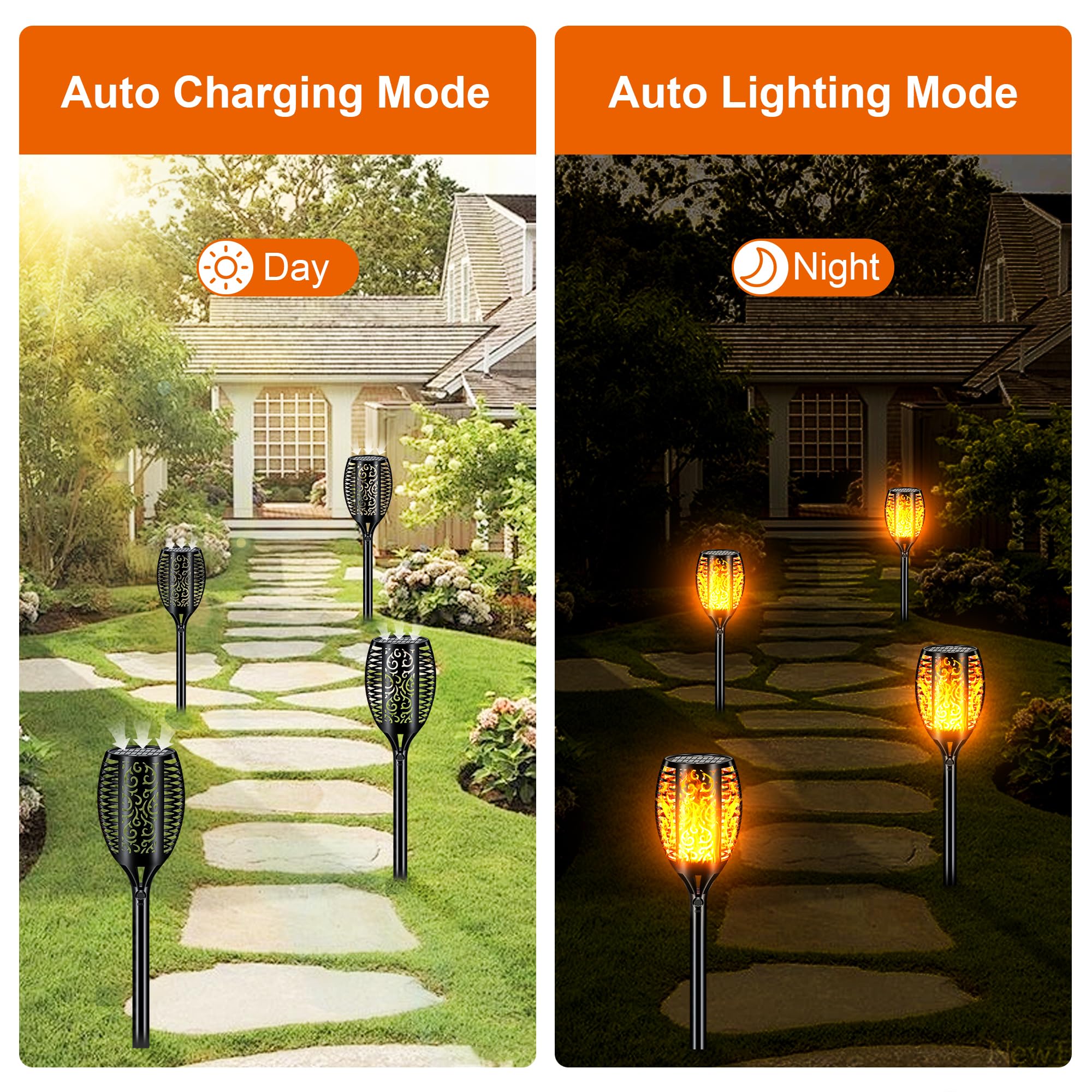 Otdair Solar Torch Lights – 4-Pack 96LED Flickering Flames, IP65 Waterproof, 43" Adjustable Height, Auto On/Off For Garden & Patio