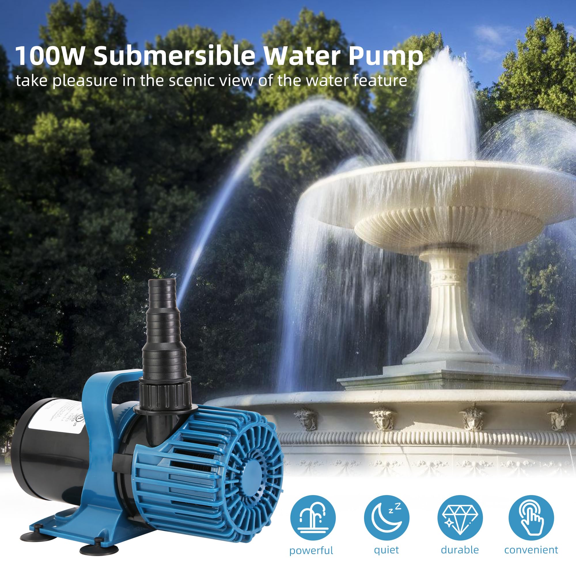 TONGCHANT 1600GPH 100W Pond Pump for Outdoor Ponds, Waterfalls, Aquarium and Garden, Large Fountain Pump with 20ft Cord, 180° Adjustable Flow, Debris Barrier Bag, Quiet Operation, UL listed
