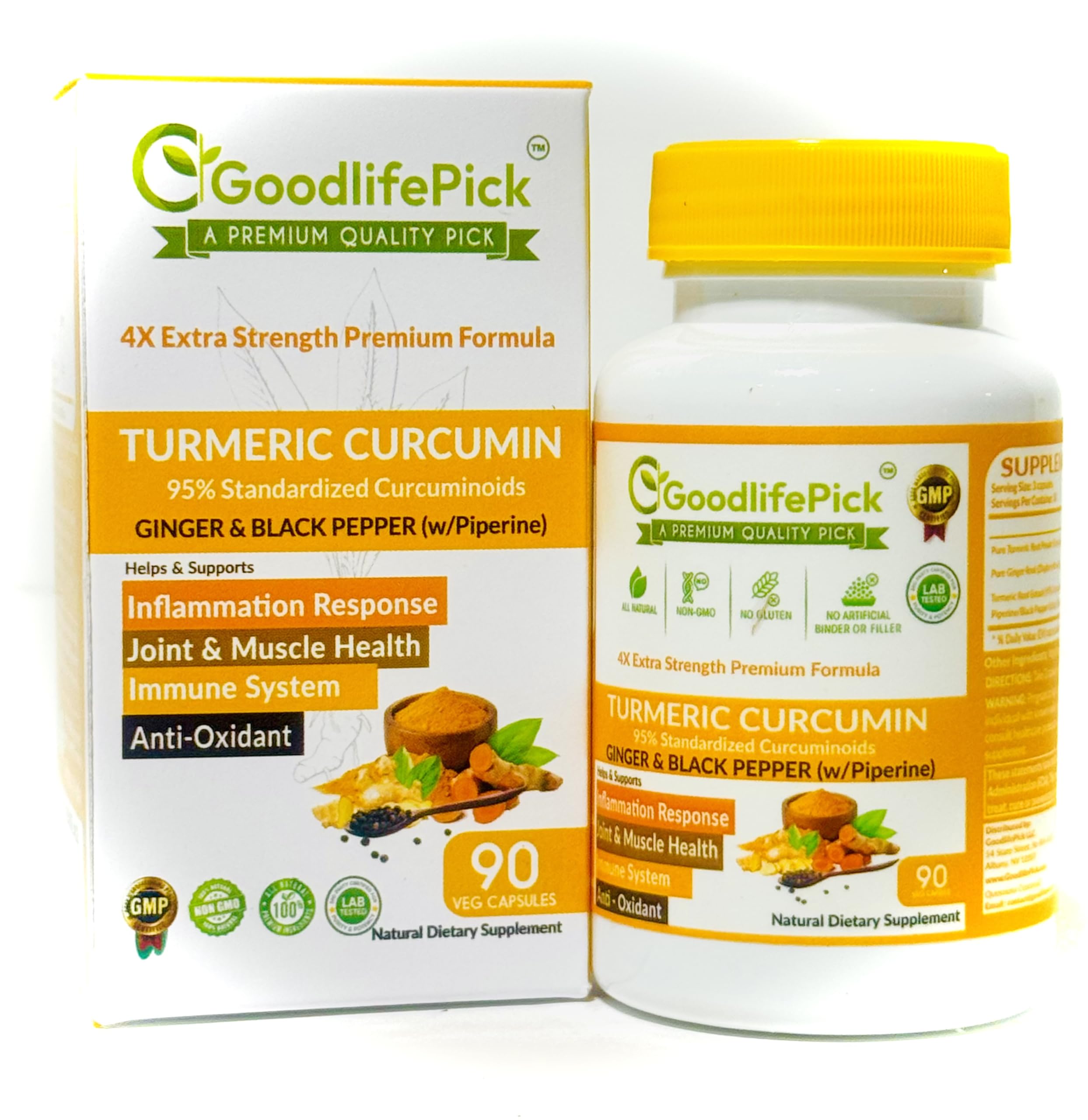 Premium Turmeric Capsules with Ginger and Black Pepper.Turmeric Supplement from Turmeric Curcumin 95% Curcuminoids & Ginger Root AllNatural NonGMO NO Rice Powder NO Stearate NO Silica NO Gluten 90ct