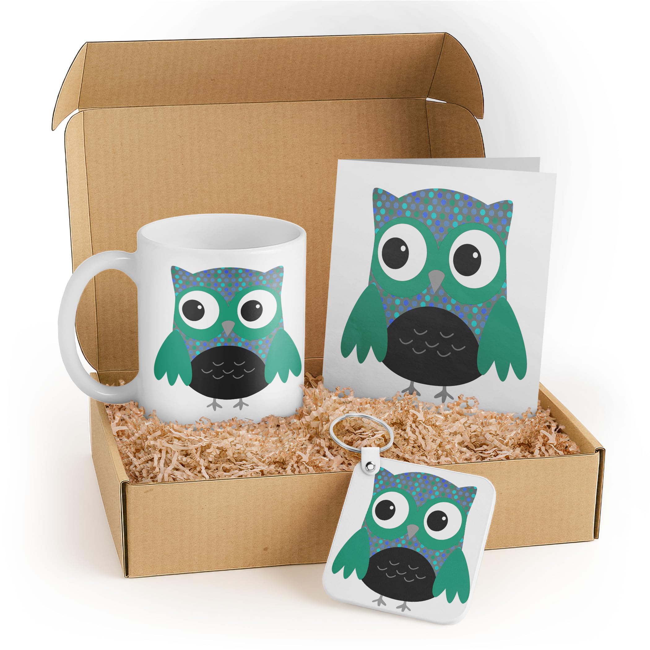 3dRose Cute Owl Gift Set for Kids – Mug, Keychain, and Card – Perfect for Birthdays, Teachers, and Special Occasions