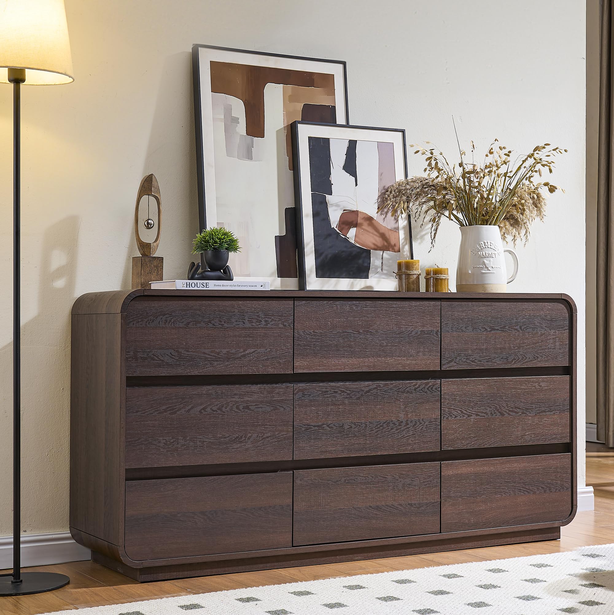 Modern Walnut 9-Drawer Curved Dresser - Bedroom Storage Chest 57"W