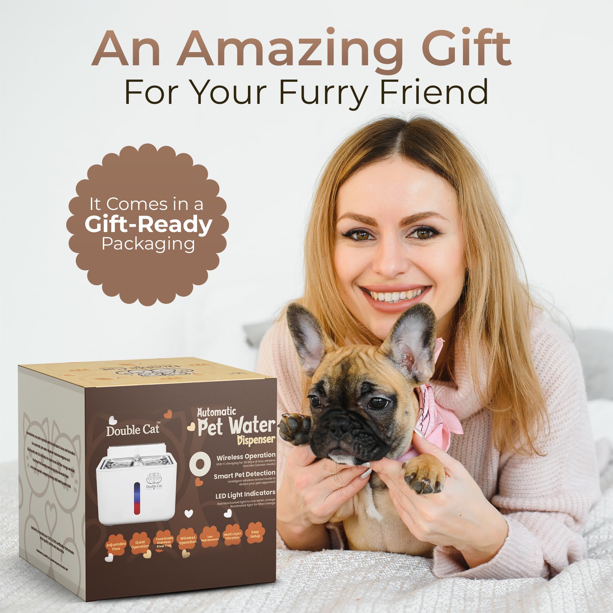 Fuente de agua automática para perros y gatos, 3,2 L, detección inteligente de mascotas, inalámbrica, funcionamiento silencioso, indicadores de luz LED y filtración multicapa, hidratación fresca y