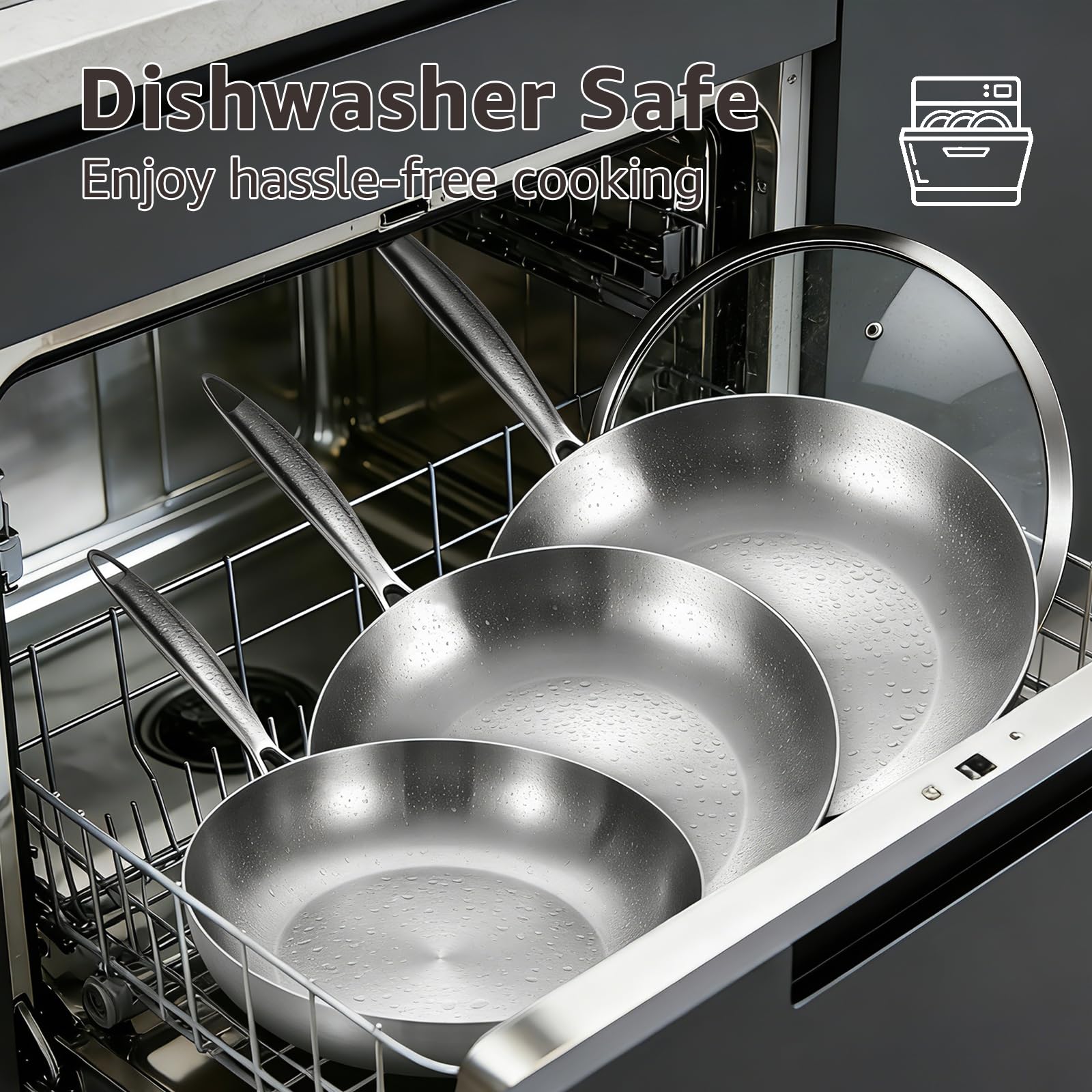 Inqibee Set di padelle a tre strati in acciaio inox da 22-26-30 cm, con coperchio, 3 pezzi, padelle, pentole e padelle, pentole a induzione, adatte al forno, manico staccabile