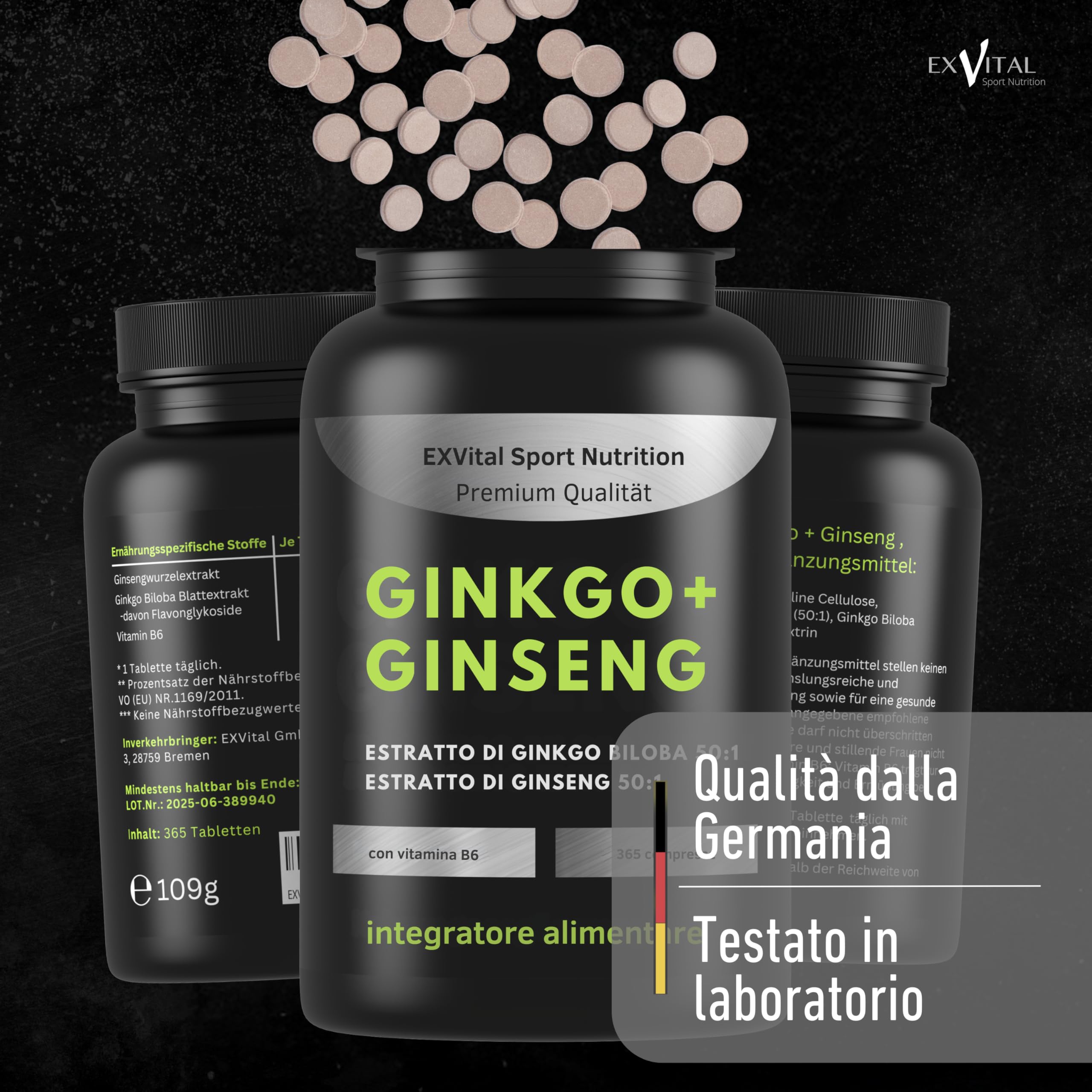EXVital® Ginkgo + Ginseng, 365 compresse, estratti vegetali 50:1, altamente dosati, Ginkgo Biloba e Ginseng coreano, Testato in laboratorio, Vegano