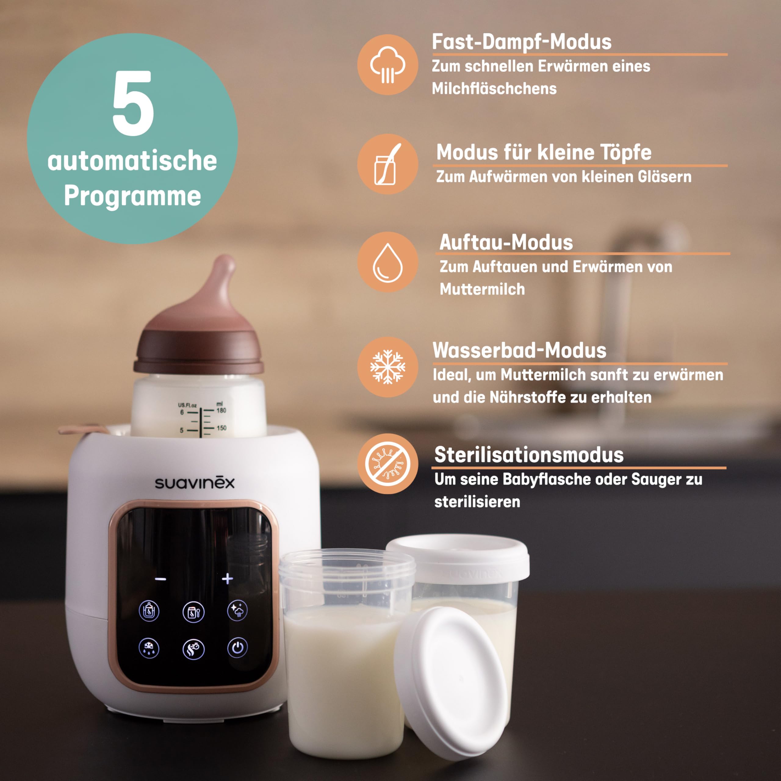 Suavinex, 2 in 1 Flaschenwärmer und Sterilisator. 5 Modi: Auftauen, Schnellmodus, Gläschen erwärmen, Wasserbad und Sterilisieren. Für Muttermilch oder Milchpulver, Automatische Abschaltung, Weiß