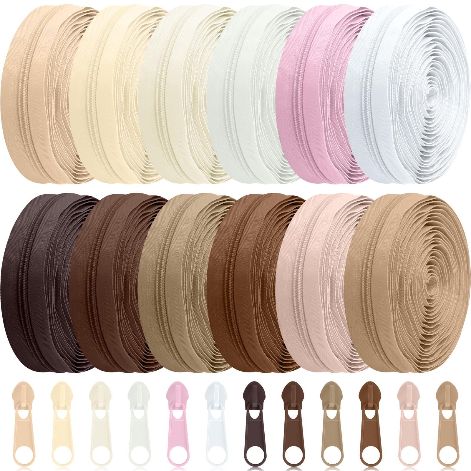Syhood 12 Pieces 36 Yards #5 Sewing Zippers Tapes by The Yard Nylon Coil Zipper Rolls Bulk with 120 Alloy Sliders for DIY Crafts Bags Repair and Sewing Supplies(Skin Tone Color)