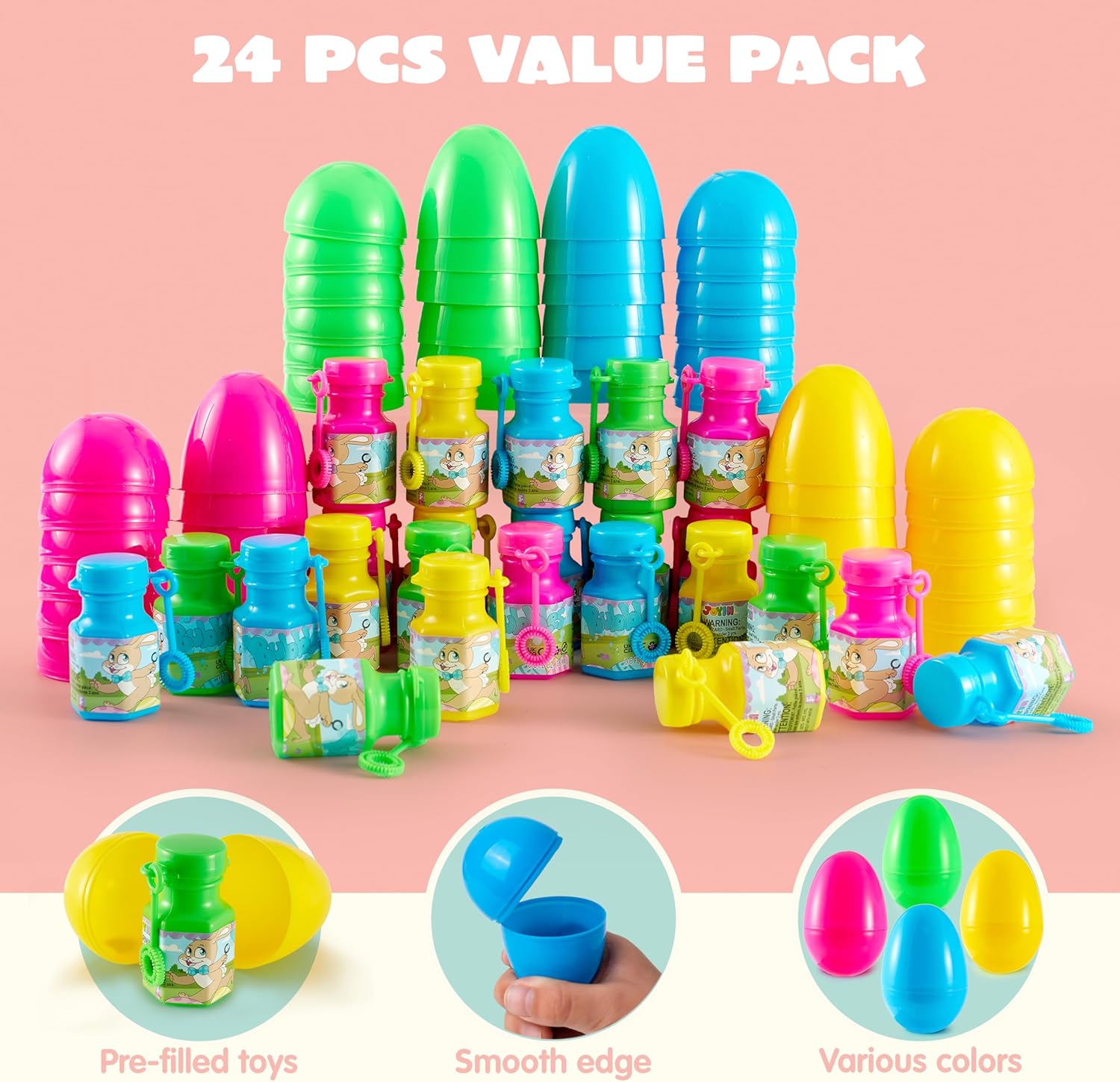 JOYIN 24 Pcs Prefilled Easter Eggs Bubble Wands for Kids Party Favors, Basket Stuffers, Toys Inside for Children Fun, Easter Decorations, Egg Hunt Game, Classroom Prize Supplies Gifts Décor