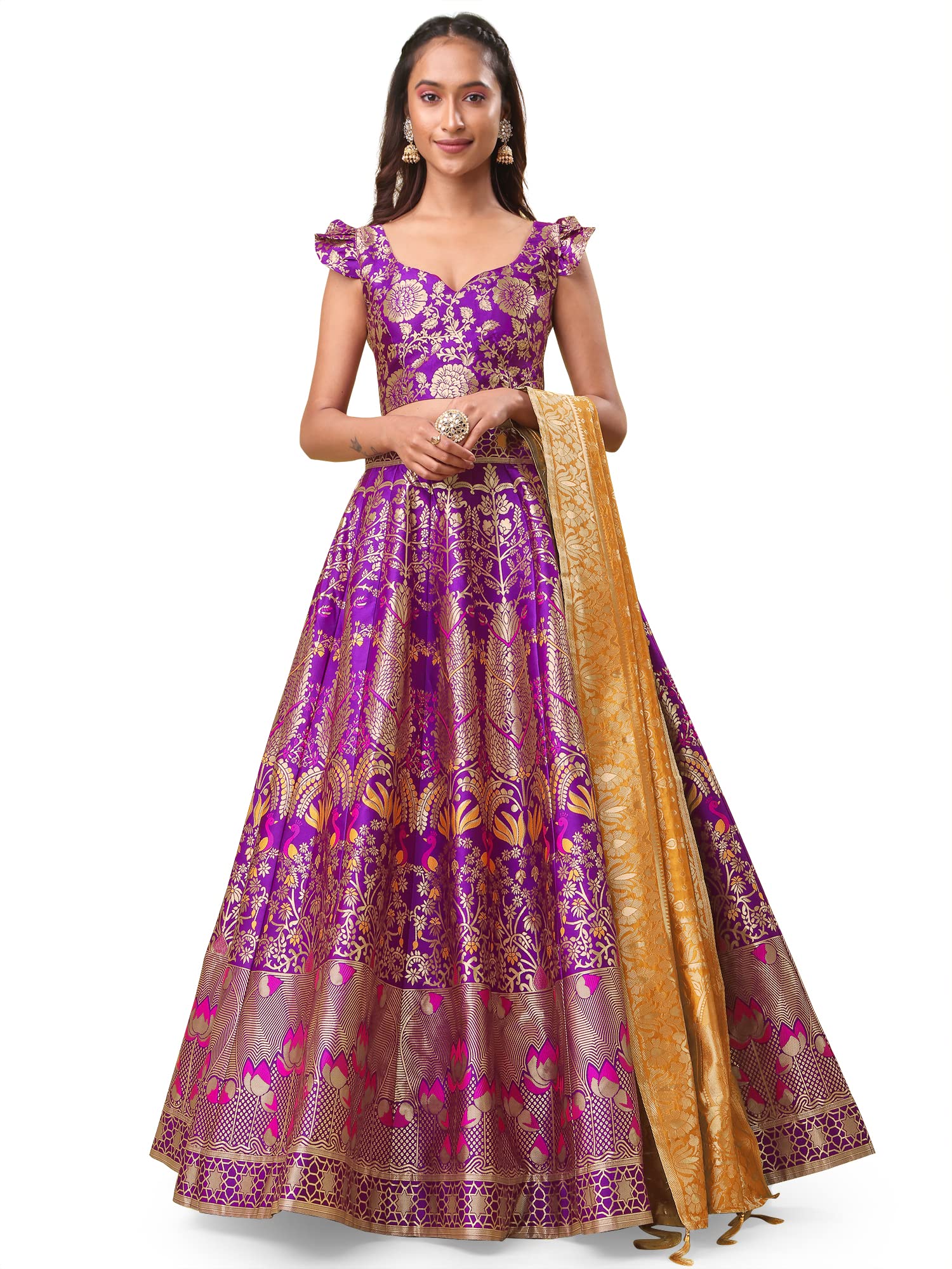 Purvaja Women's Jacquard Semi-Stitched Lehenga Choli (Lotus-Wine_Wine_Free Size)