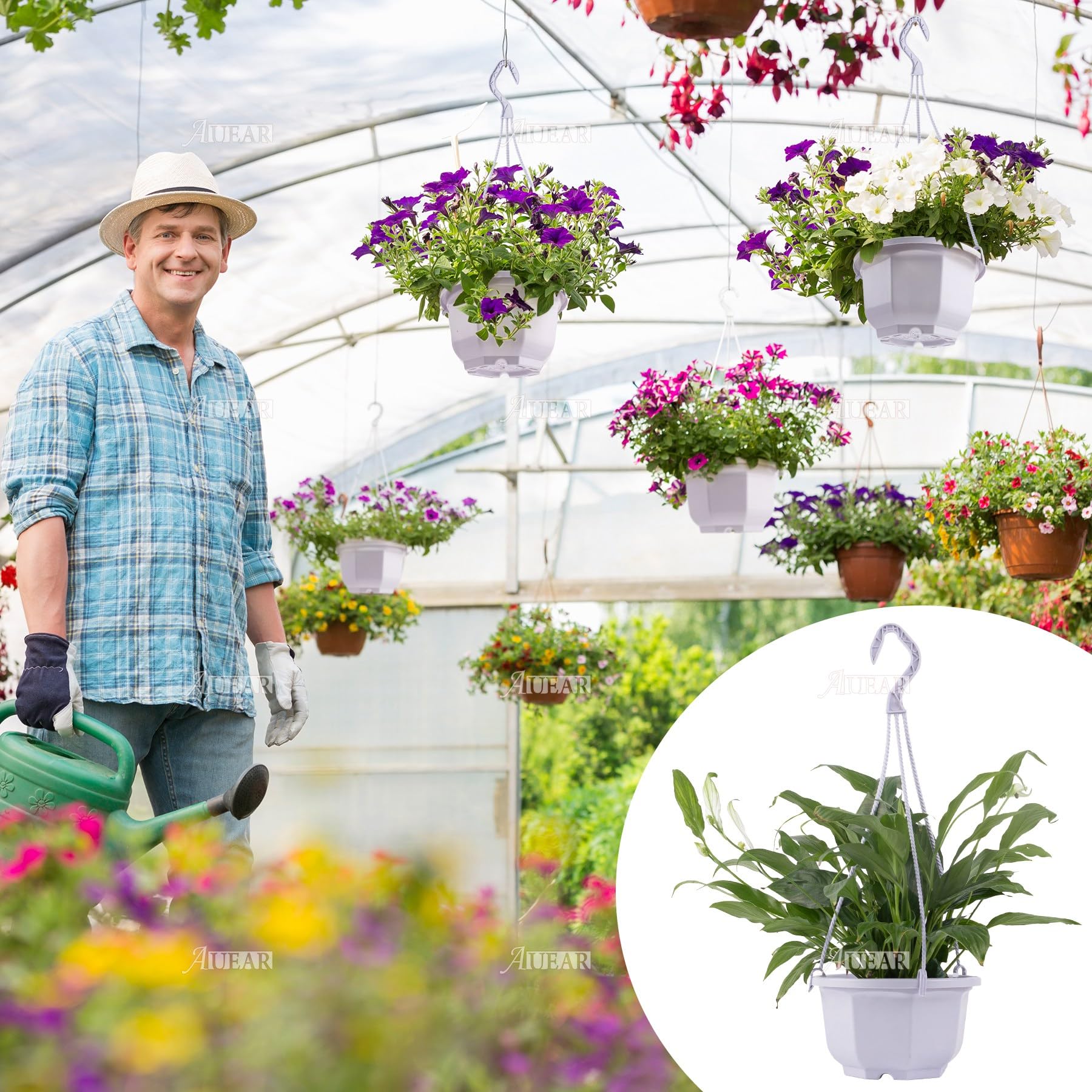 AUEAR, Lot de 50 cintres en plastique pour plantes à suspendre avec trous de drainage et crochets pour intérieur et extérieur Blanc