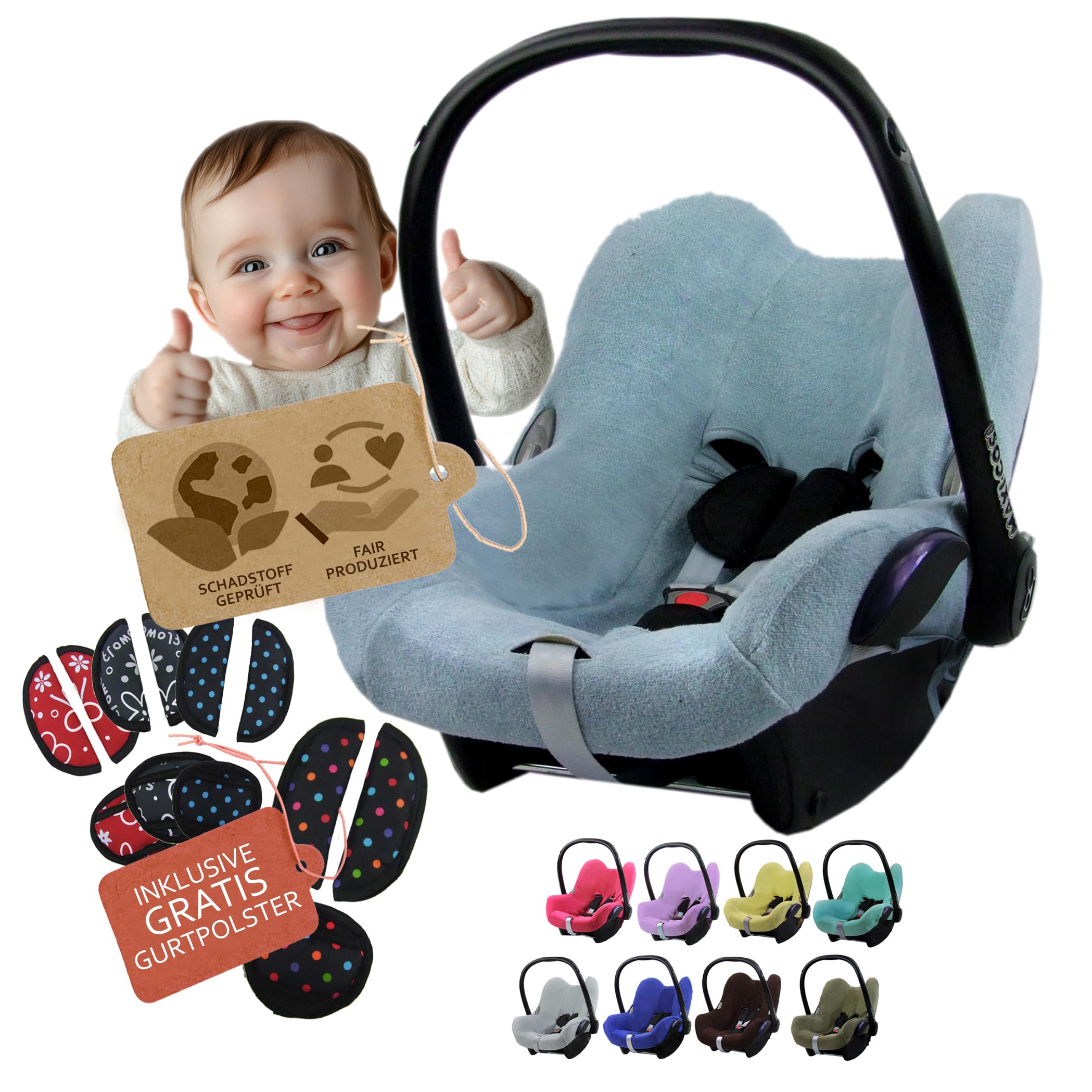 Frottee Sommerbezug [Schonbezug für Babyschale] Autositz kompatibel mit Maxi Cosi Cabrio Fix + GRATIS Gurtpolster (hellgrau + GP)