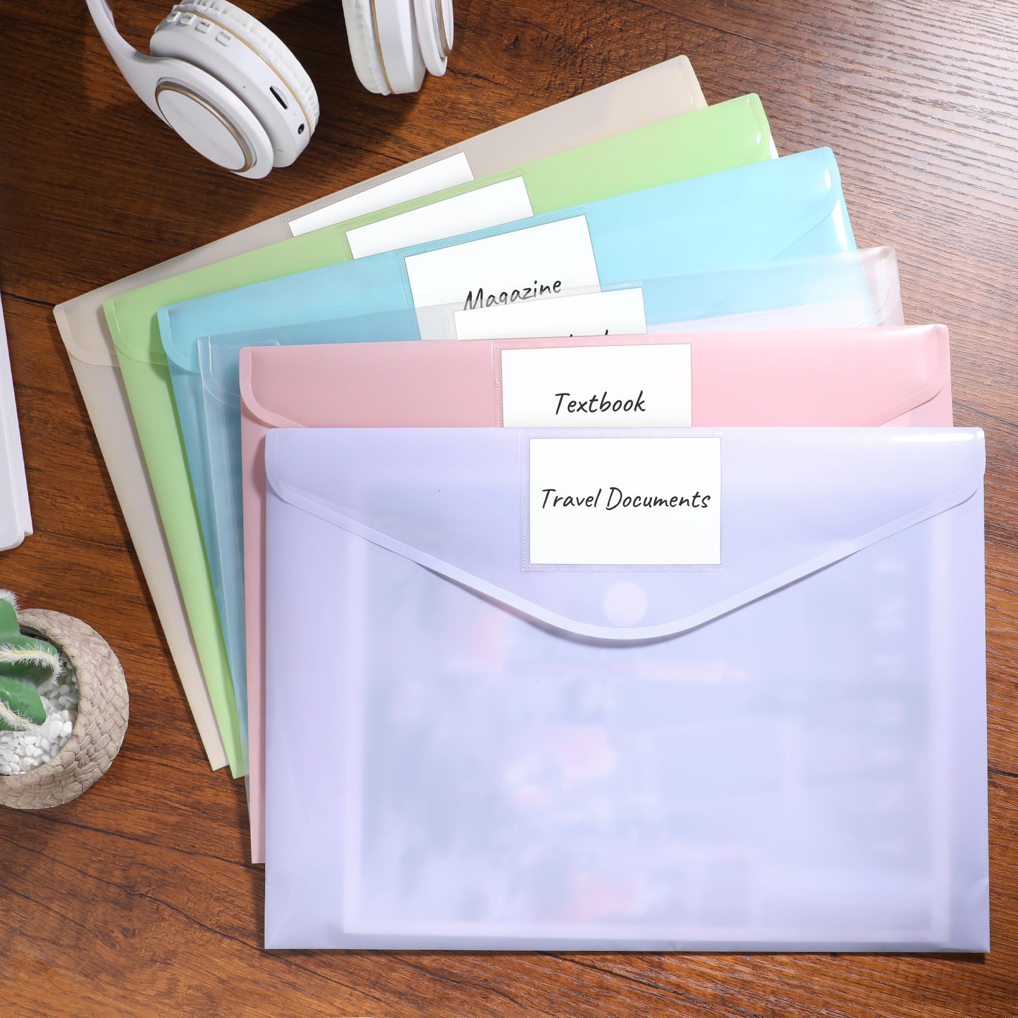SUNEE Confezione da 6 buste in plastica, cartelle per documenti formato A4, cartelle in polietilene con tasche per etichette, per scuola, casa, ufficio, forniture di lavoro, 6 colori