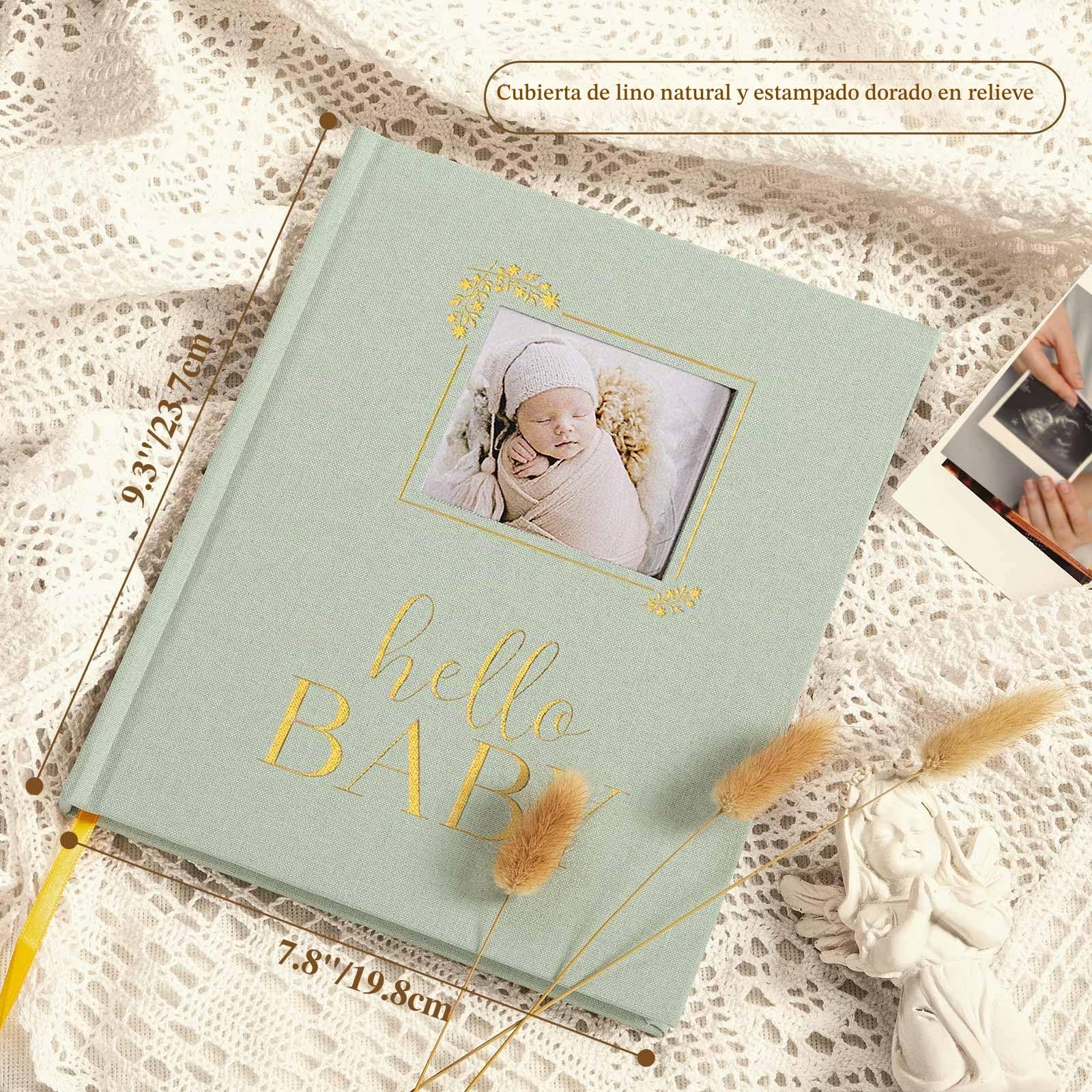 Lanpn Album Bebe Primer 5 Año para Niña Niño, Libro Recuerdos Bebé para Pegar Fotos y Escribir, Hello Baby Libros Cuaderno Diario Álbum Fotos Bébé Regalo Recién Nacido (Verde,154 Páginas, Inglés)